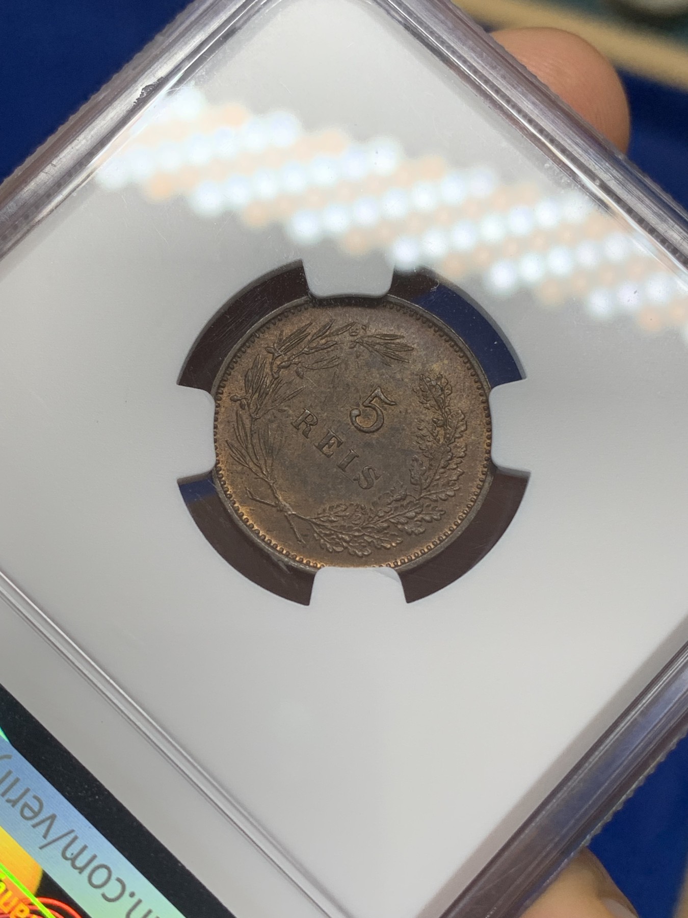 《竞宝斋》第219场-周日，周一 2场 (全场包邮) NGC MS63BN 葡萄牙1910年曼努埃尔二世国王头像5瑞斯铜币