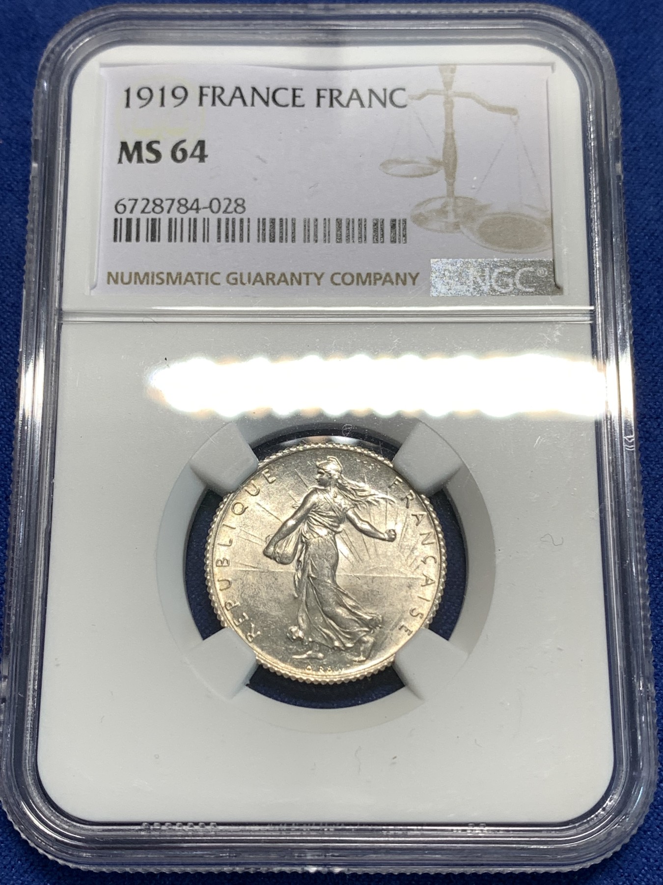《竞宝斋》第219场-周日，周一 2场 (全场包邮) NGC-MS64 法国1919年播种女神1法郎银币