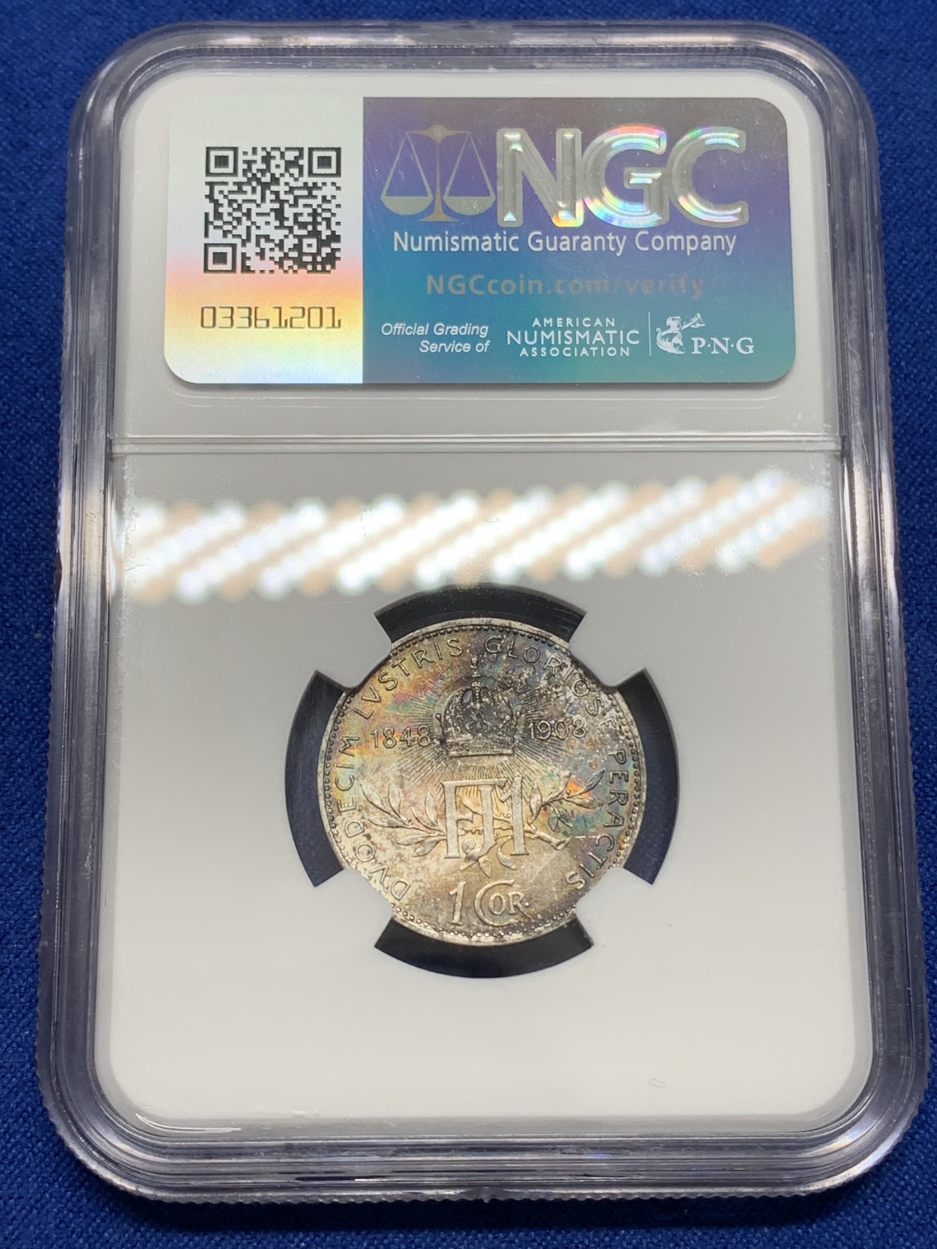 《竞宝斋》第219场-周日，周一 2场 (全场包邮) NGC-MS62 奥地利1908年1克朗，纪念弗朗茨约瑟夫皇帝登基60周年纪念币，双面五彩包浆