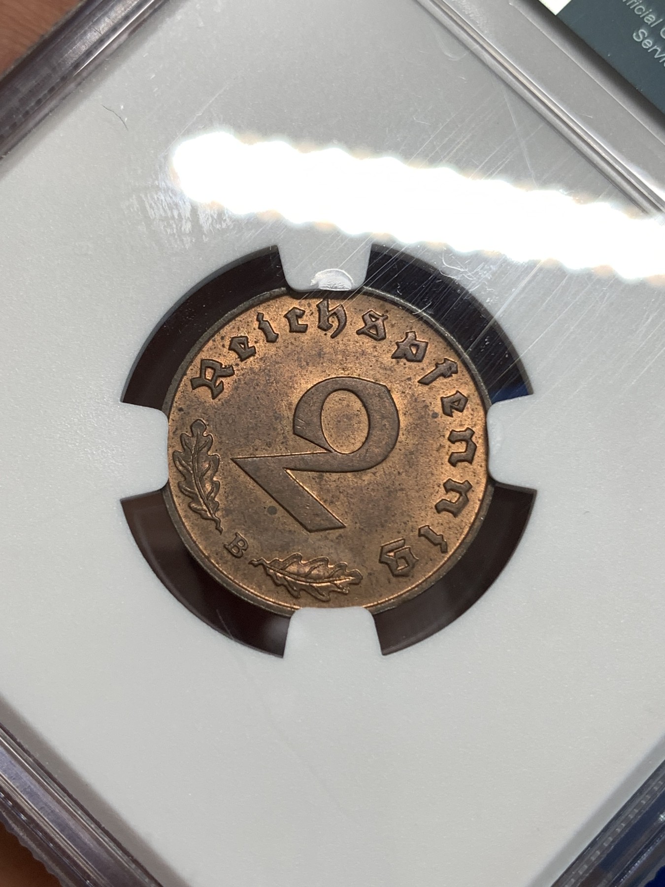 《竞宝斋》第219场-周日，周一 2场 (全场包邮) NGC MS63RB 1939B德国万字2芬尼 状态不错