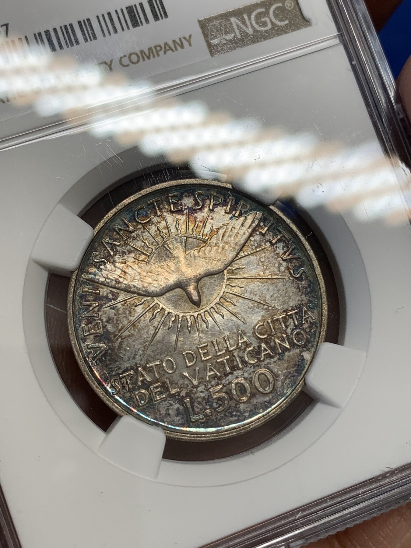 《竞宝斋》第219场-周日，周一 2场 (全场包邮) NGC-UNC 梵蒂冈1958年500里拉银币，双面五彩包浆