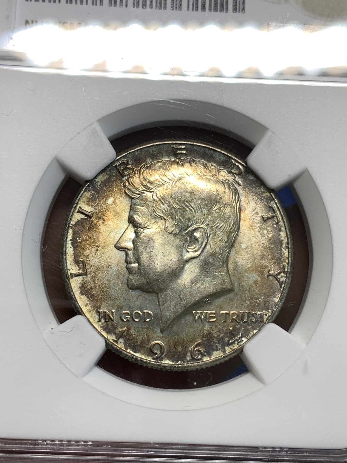《竞宝斋》第219场-周日，周一 2场 (全场包邮) NGC-MS63 美国1964年肯尼迪半美元首年份900银，双面包浆，给分不易