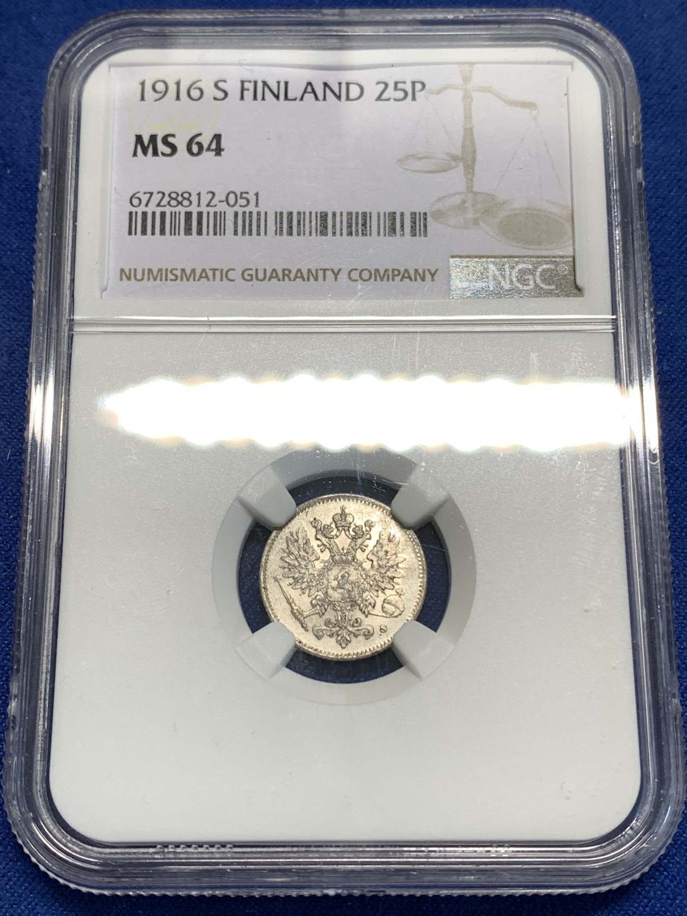 《竞宝斋》第219场-周日，周一 2场 (全场包邮) NGC-MS64 俄属芬兰1916年双头鹰25分银币
