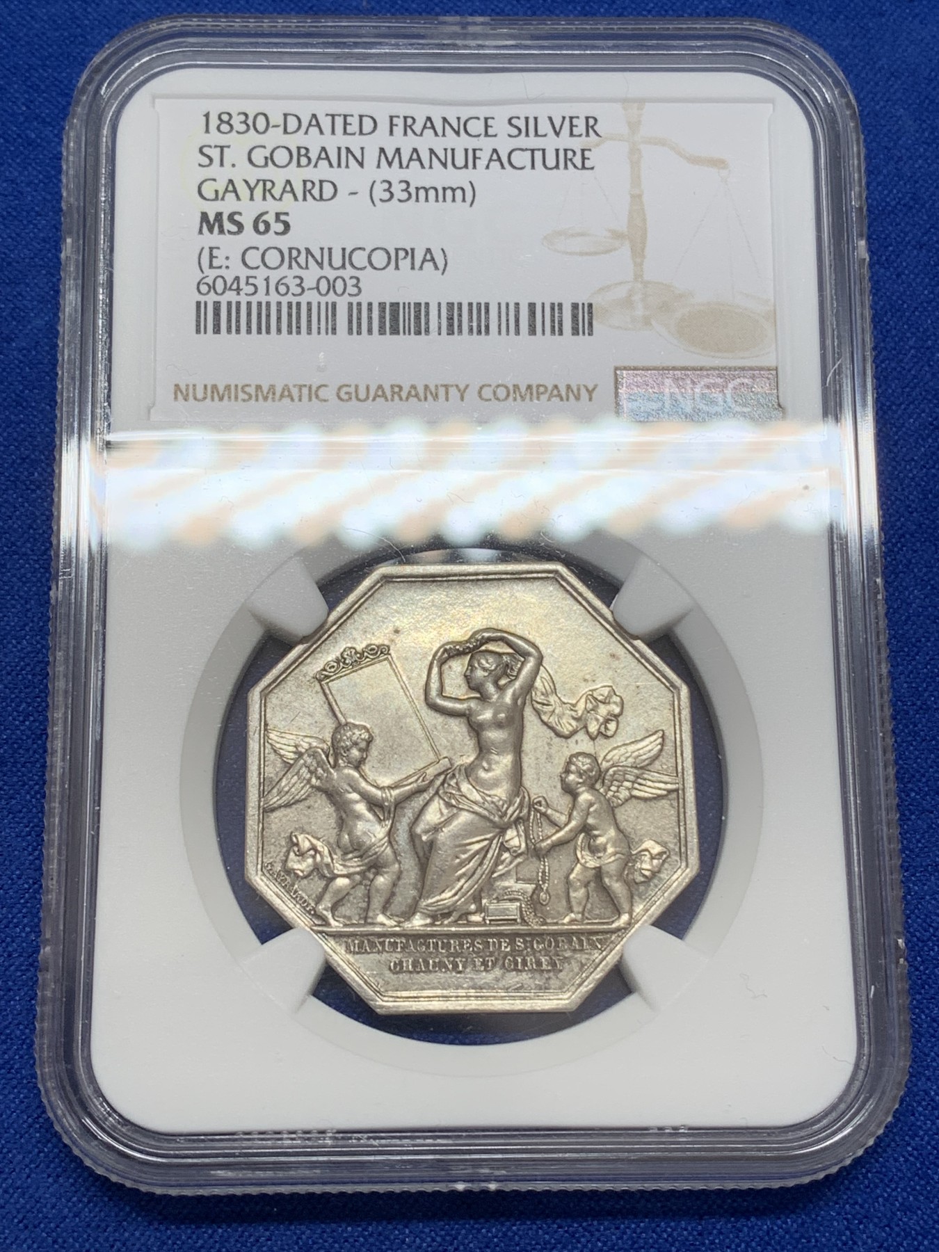 《竞宝斋》第219场-周日，周一 2场 (全场包邮) NGC-MS65 法国1830年圣戈班皇家制镜厂银制魔镜八角代币 高分好状态 值得收藏