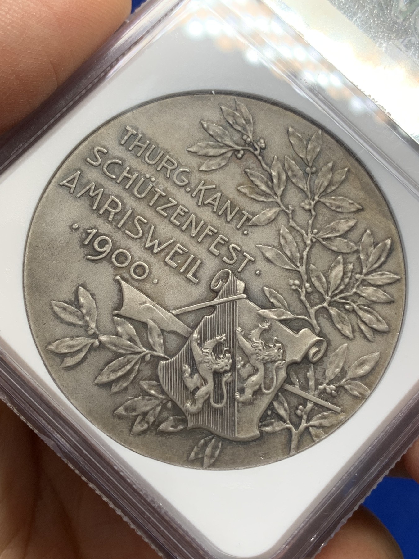 《竞宝斋》第219场-周日，周一 2场 (全场包邮) NGC MS62 1900年瑞士图尔高射击节大银章，稀少品种，人物高点无磨损
