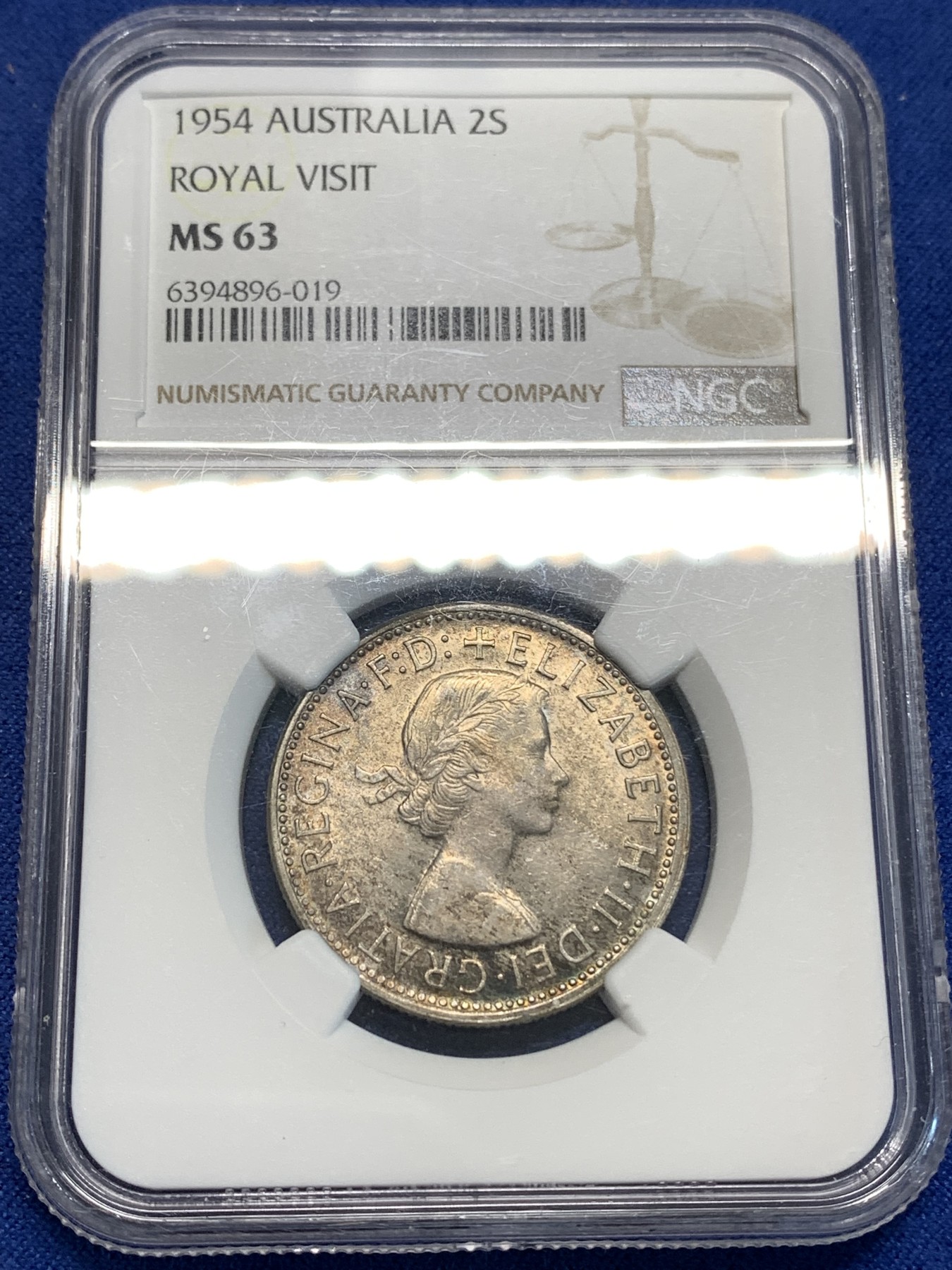 《竞宝斋》第219场-周日，周一 2场 (全场包邮) NGC MS63 澳大利亚1954年皇家造访澳大利亚1弗洛林（2先令）银币