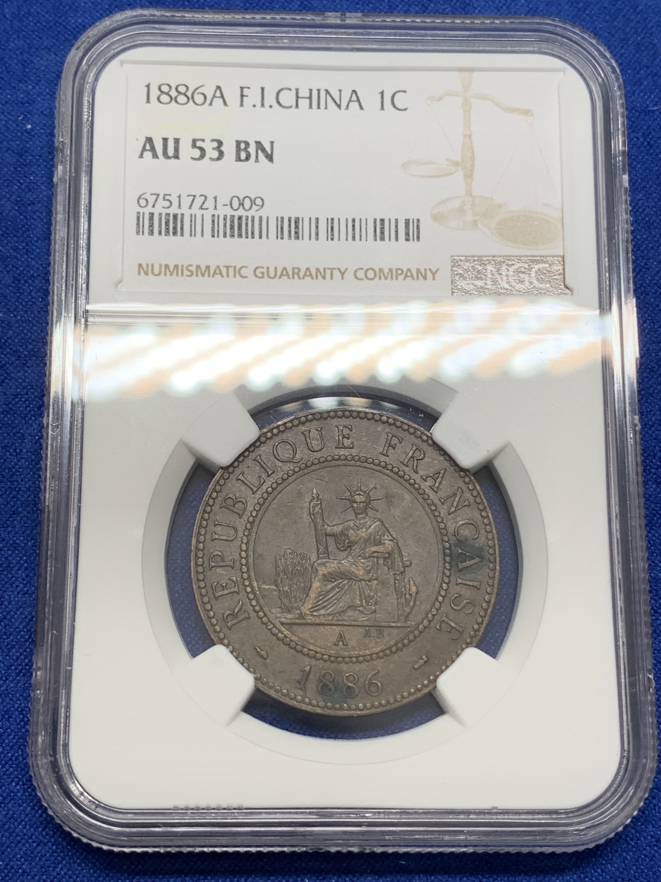 《竞宝斋》第219场-周日，周一 2场 (全场包邮) NGC AU53 1886年法属印支百分之一铜币