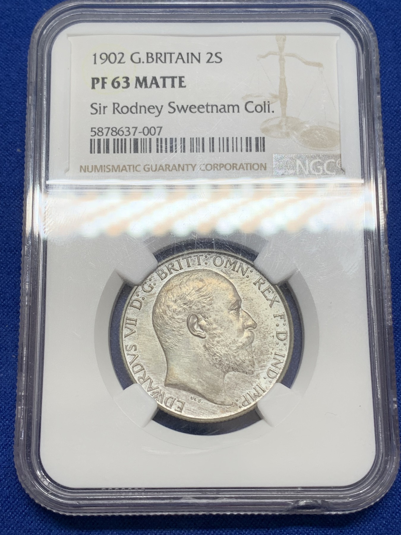 《竞宝斋》第219场-周日，周一 2场 (全场包邮) NGC-PF63MATTE 英国1902爱七精致海神弗洛林2先令银币 经典设计磨砂工艺热门品种名家收藏 下沿小磕