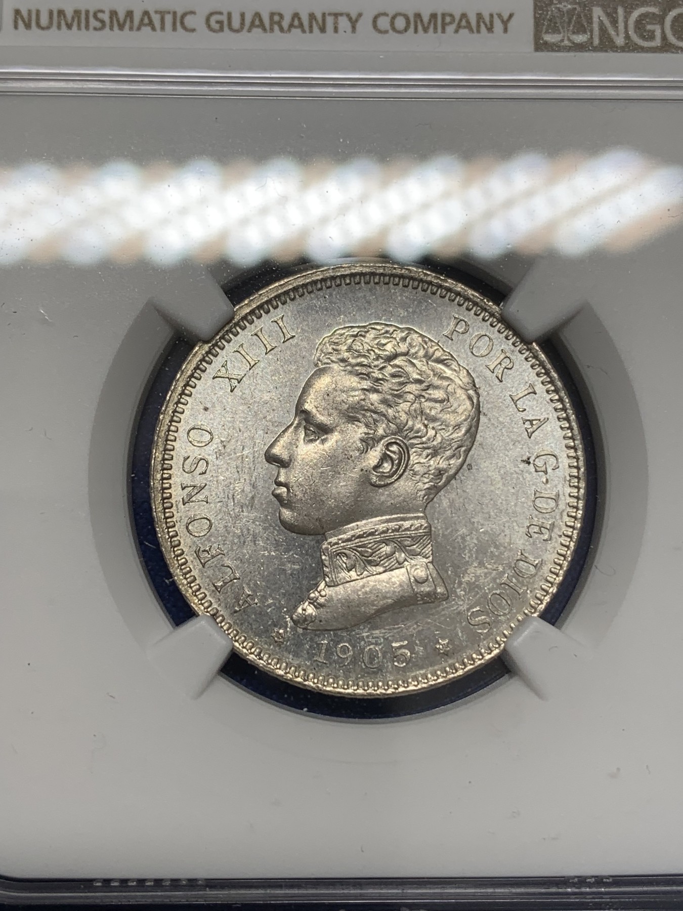 《竞宝斋》第219场-周日，周一 2场 (全场包邮) NGC-MS61 西班牙1905阿方索十三世2比塞塔银币