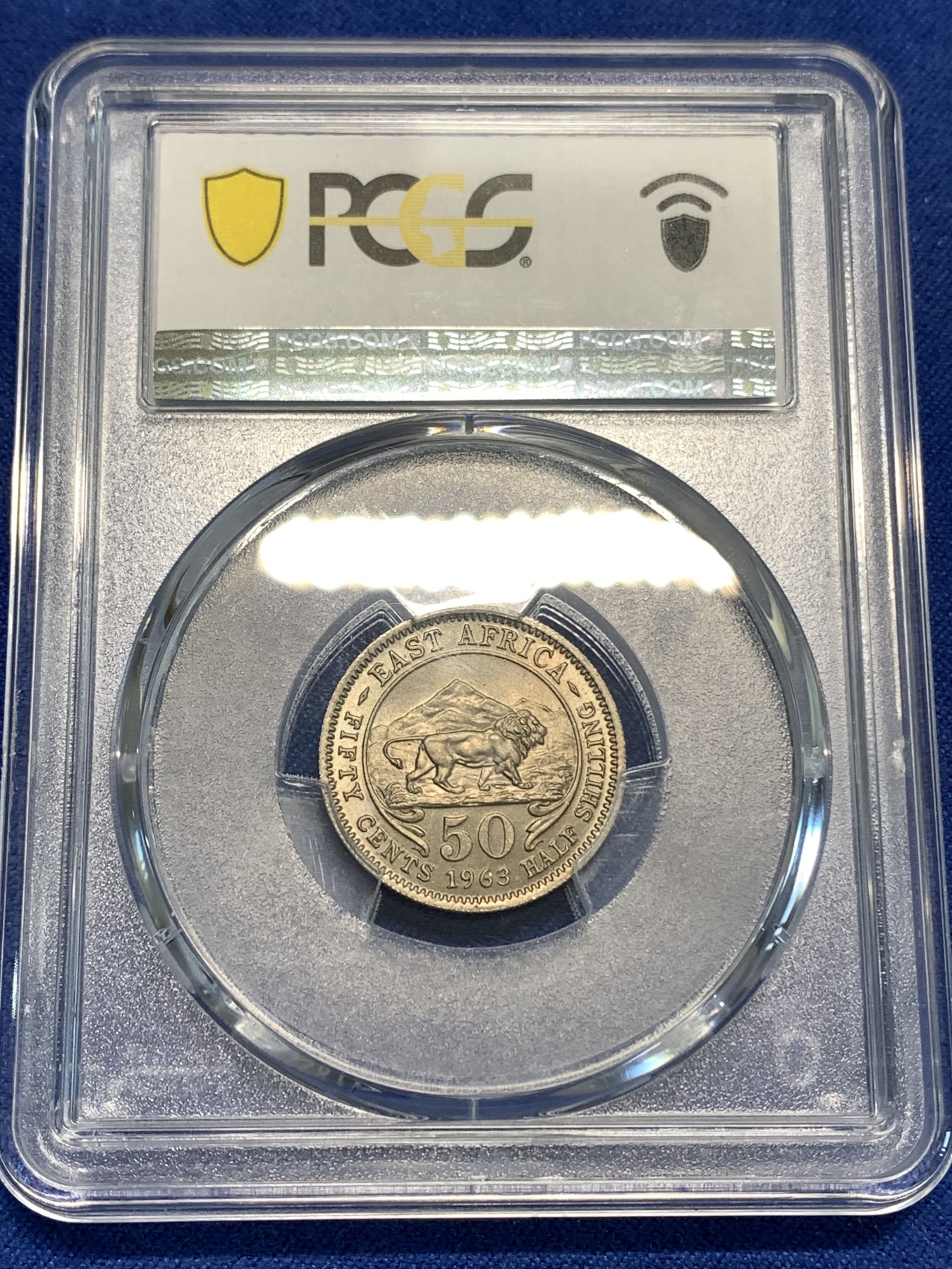 《竞宝斋》第219场-周日，周一 2场 (全场包邮) PCGS金盾 MS65 英属东非非洲狮1963年50分镍币