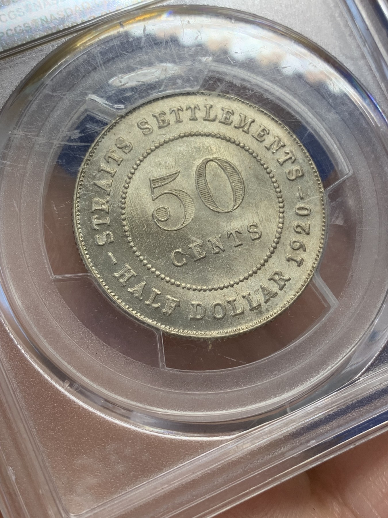 《竞宝斋》第219场-周日，周一 2场 (全场包邮) PCGS MS63 英属海峡1920年乔治五世50分银币 盒子表面有小裂纹 细节见图