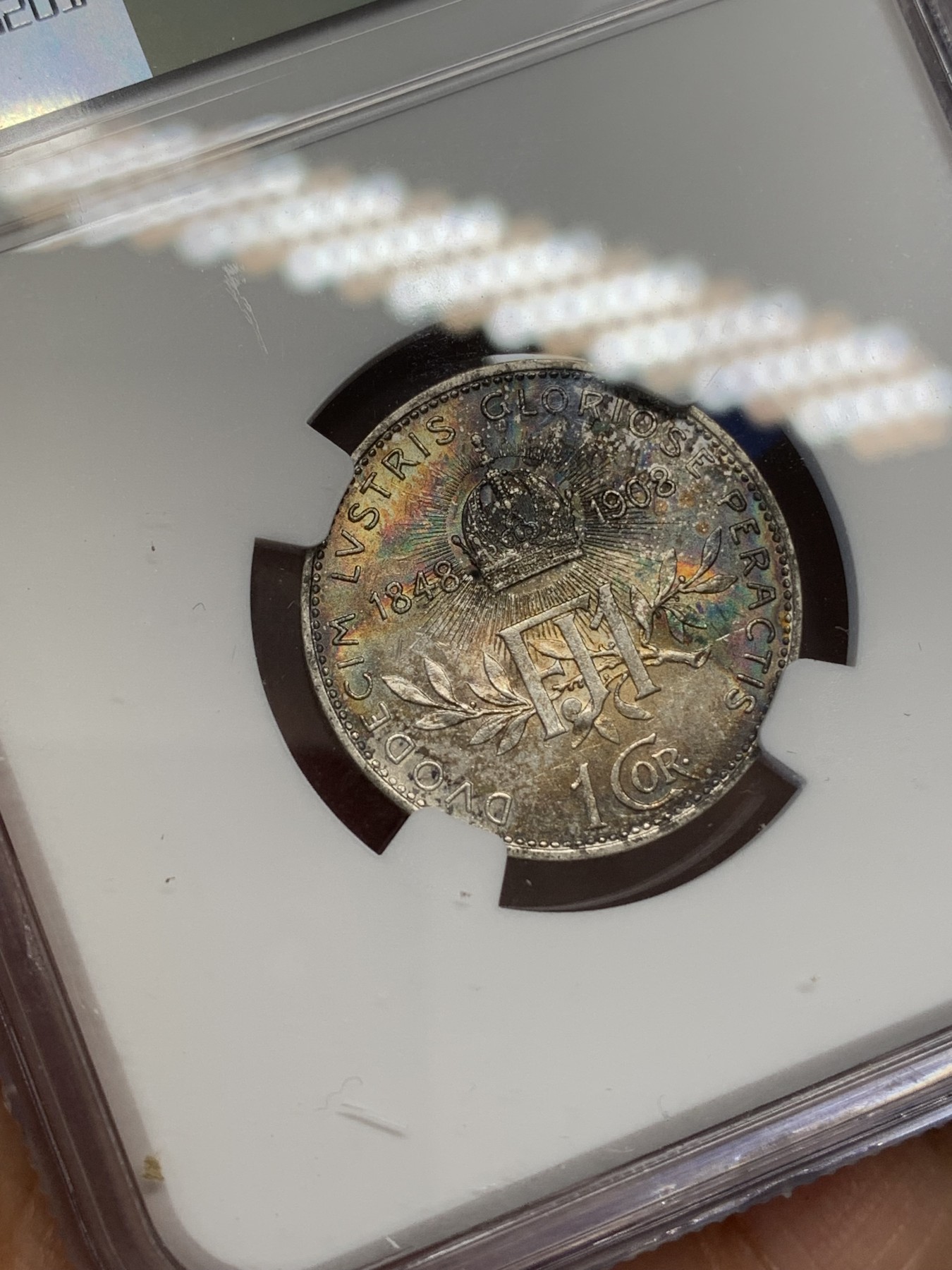 《竞宝斋》第219场-周日，周一 2场 (全场包邮) NGC-MS62 奥地利1908年1克朗，纪念弗朗茨约瑟夫皇帝登基60周年纪念币，双面五彩包浆