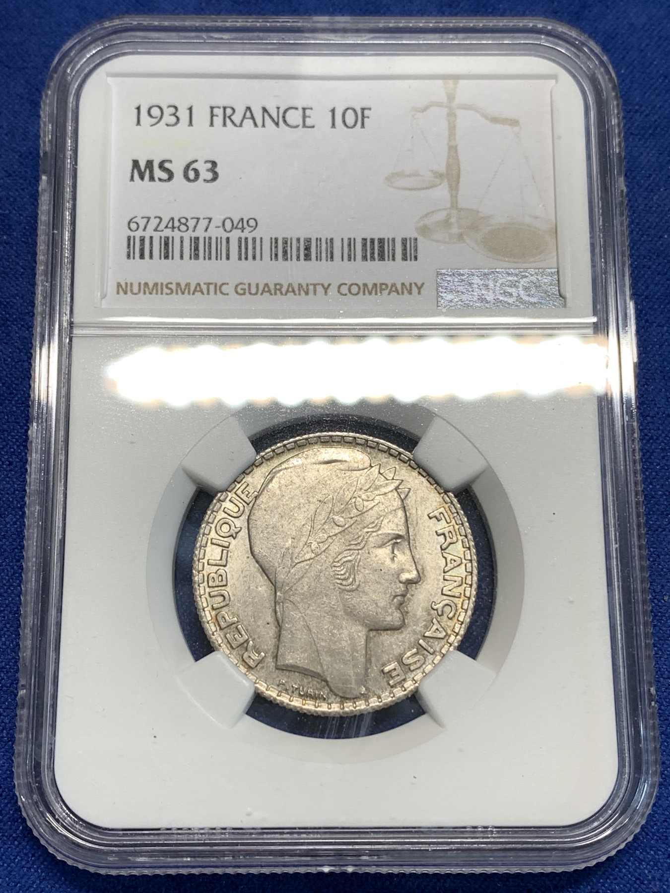 《竞宝斋》第219场-周日，周一 2场 (全场包邮) NGC MS63 法国1931年谷物女神10法郎银币