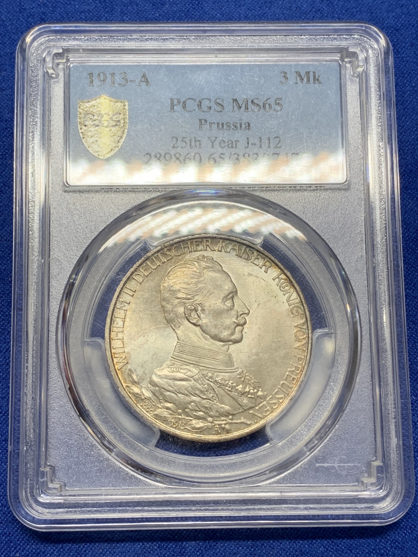 《竞宝斋》第219场-周日，周一 2场 (全场包邮) PCGS-MS65 德国 1913年 普鲁士 军装 3马克 银币 好彩 高分好状态