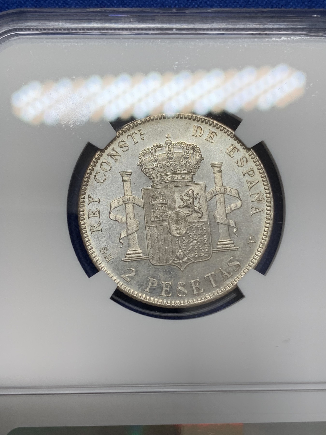 《竞宝斋》第219场-周日，周一 2场 (全场包邮) NGC-MS61 西班牙1905阿方索十三世2比塞塔银币