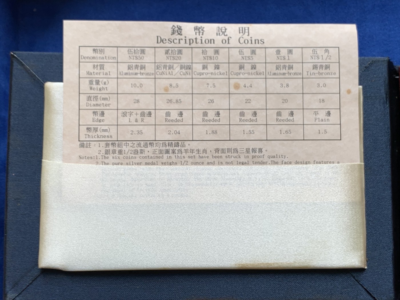 《竞宝斋》第219场-周日，周一 2场 (全场包邮) 台湾省民国九十二年第一轮羊年精致套币含二分之一盎司大银章 少见生肖 现在很难再运进来 市场价四百左右