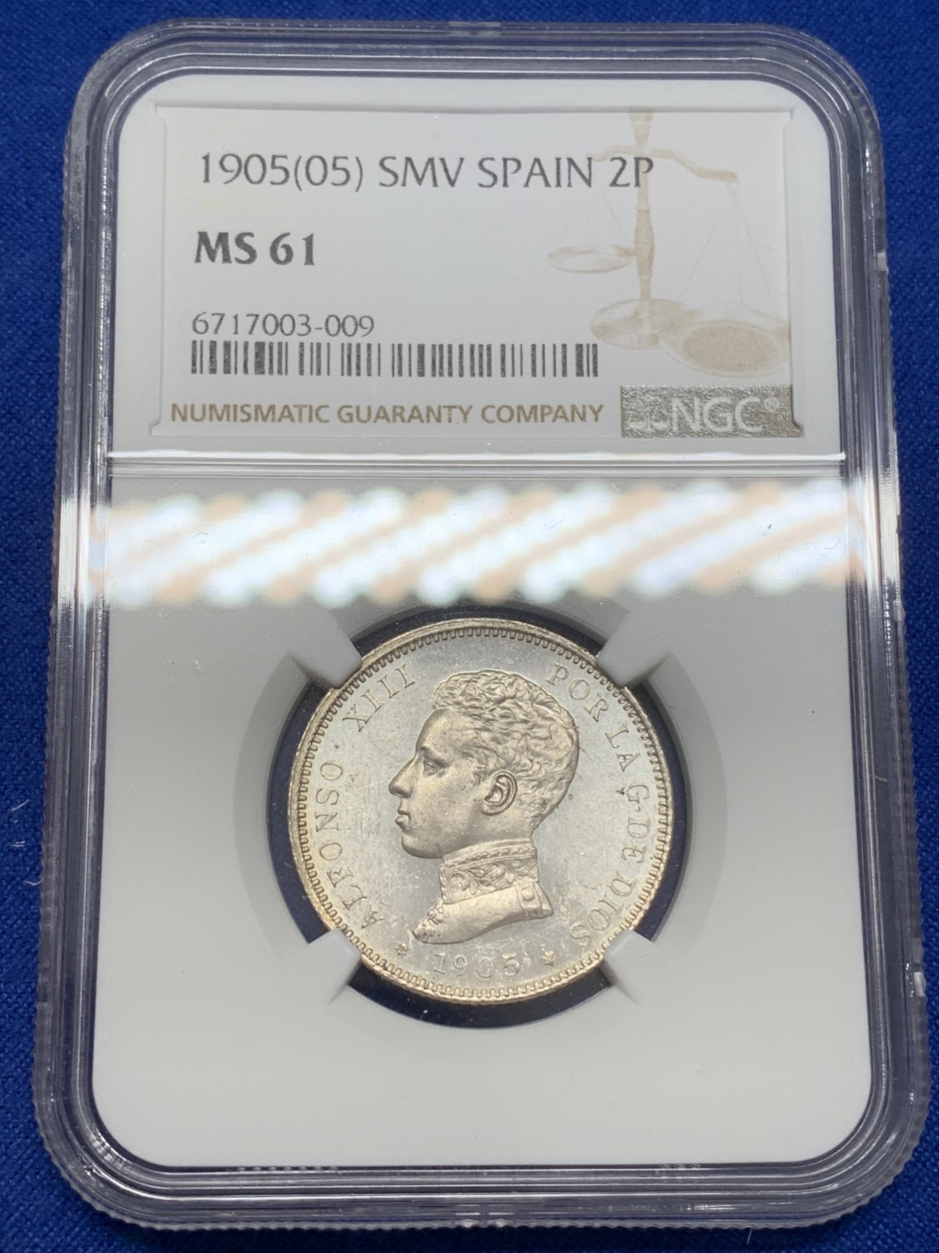 《竞宝斋》第219场-周日，周一 2场 (全场包邮) NGC-MS61 西班牙1905阿方索十三世2比塞塔银币
