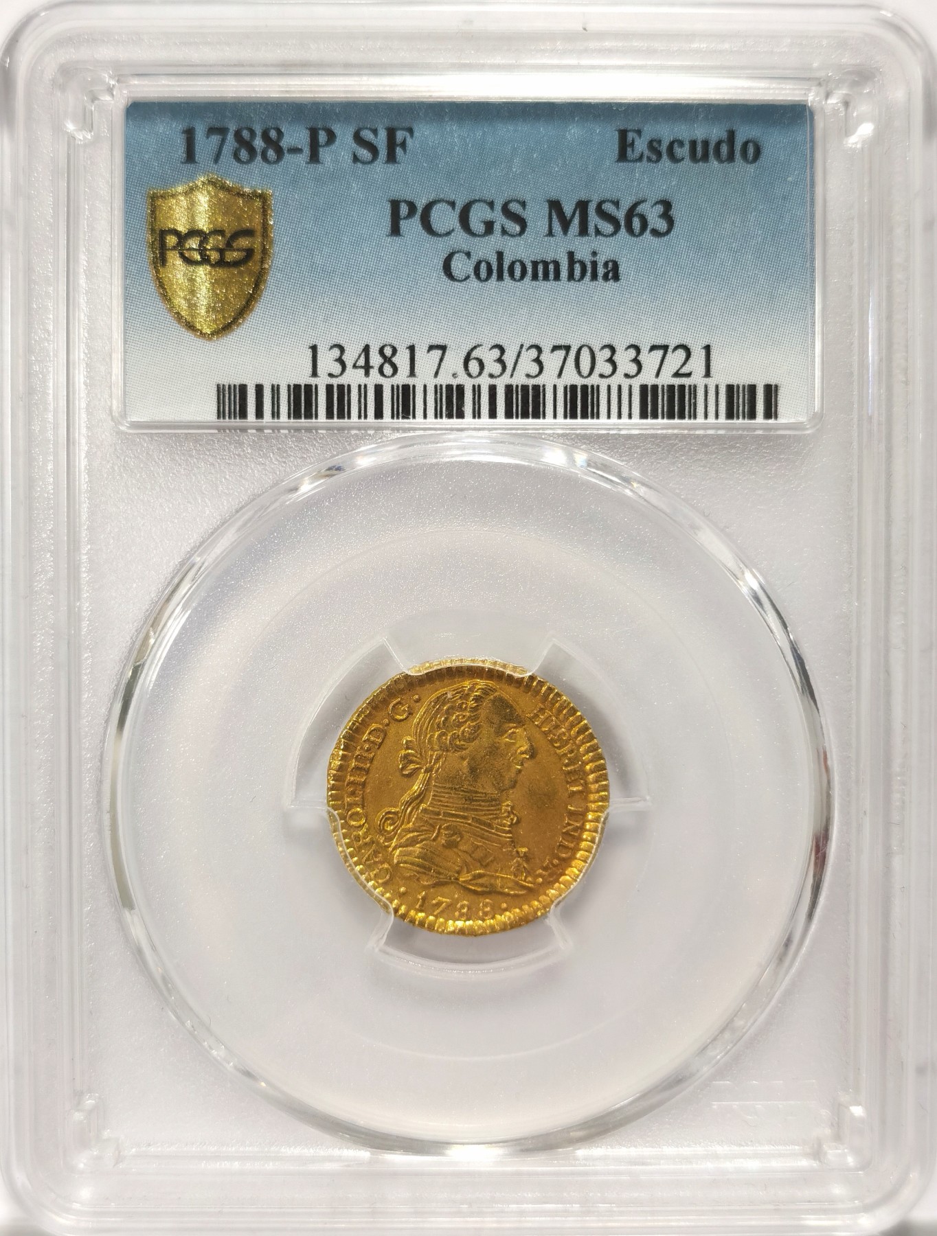 博洋堂【北京钱博会拍卖周】精品专场暨第54期（全场包邮） PCGS MS63 1788年哥伦比亚戎装卡三1埃斯库多金币。PCGS冠军分数。众所周知最近卡三西属高分精品外拍涨势非常强劲。去年还没涨价的时候麦稀奇成交一枚同分成交价8100元人民币。