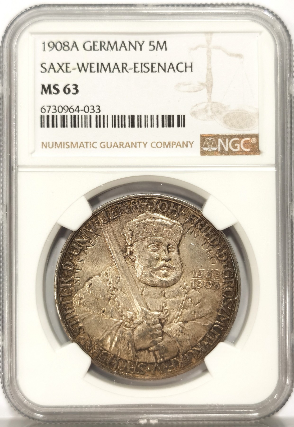 博洋堂【北京钱博会拍卖周】精品专场暨第54期（全场包邮） NGC MS63 德国萨克森魏玛1908年耶拿大学5马克银币