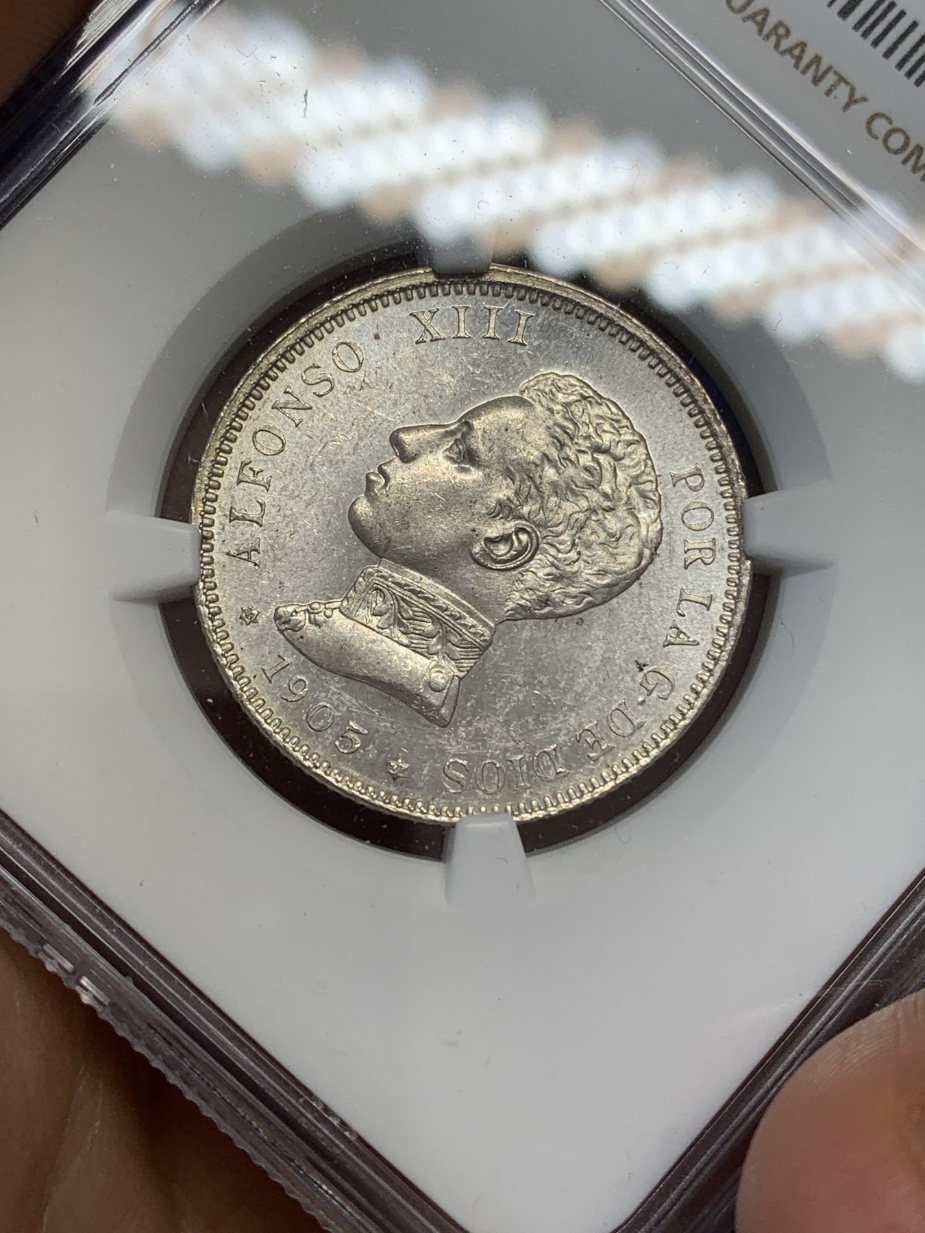 《竞宝斋》第219场-周日，周一 2场 (全场包邮) NGC-MS61 西班牙1905阿方索十三世2比塞塔银币