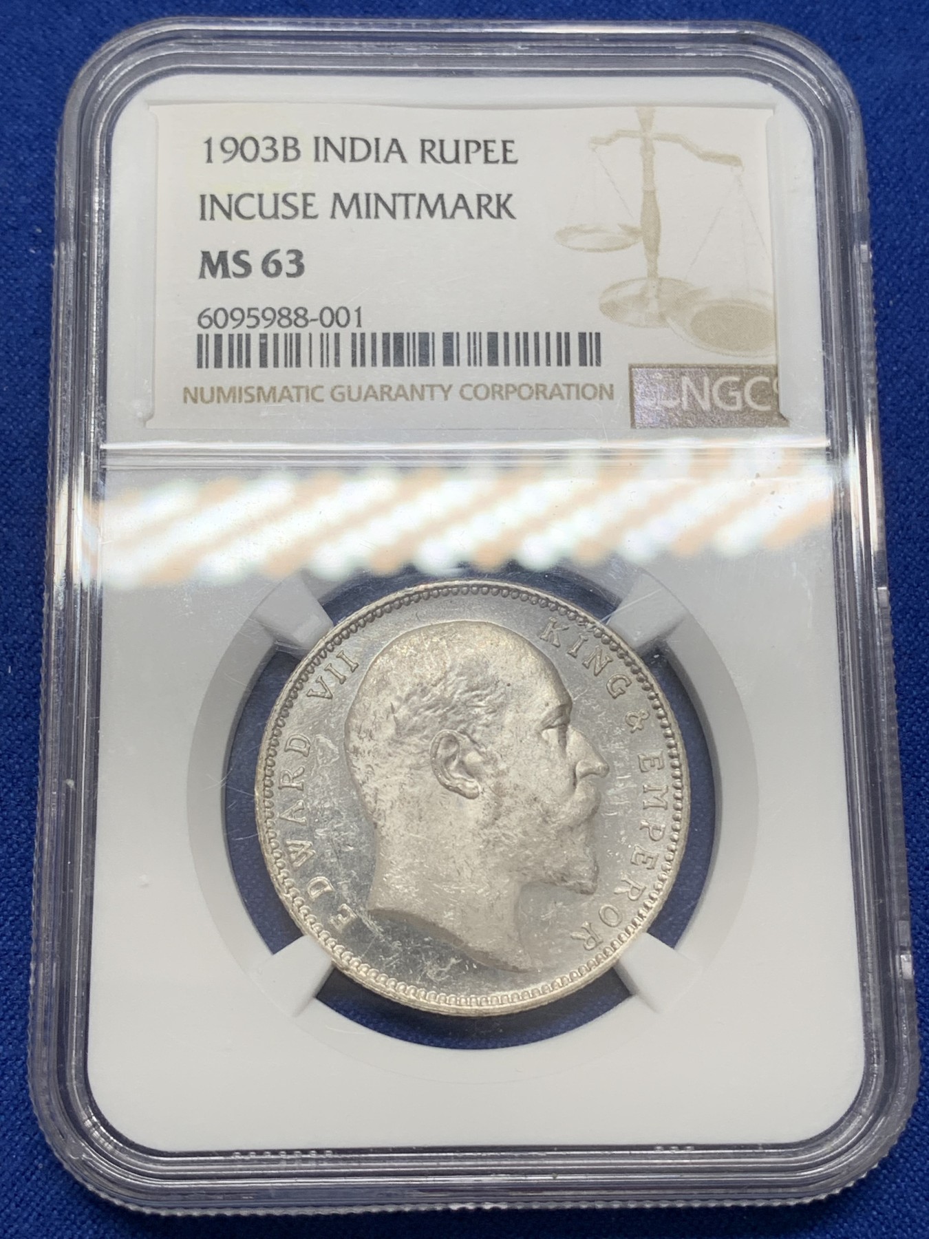 《竞宝斋》第219场-周日，周一 2场 (全场包邮) NGC-MS63 1903B英属印度爱德华七世卢比 原品车轮光