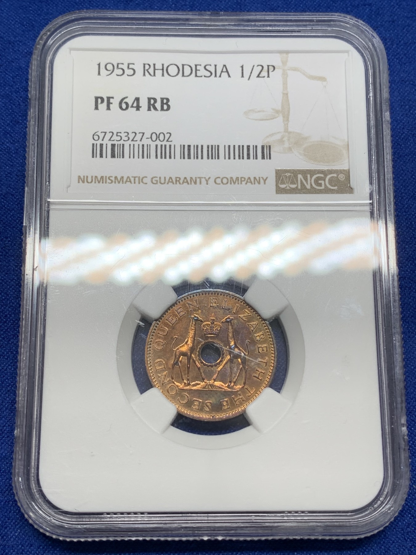 《竞宝斋》第219场-周日，周一 2场 (全场包邮) NGC PF64RB 罗德西亚和尼亚萨兰1955年1/2便士精制铜币