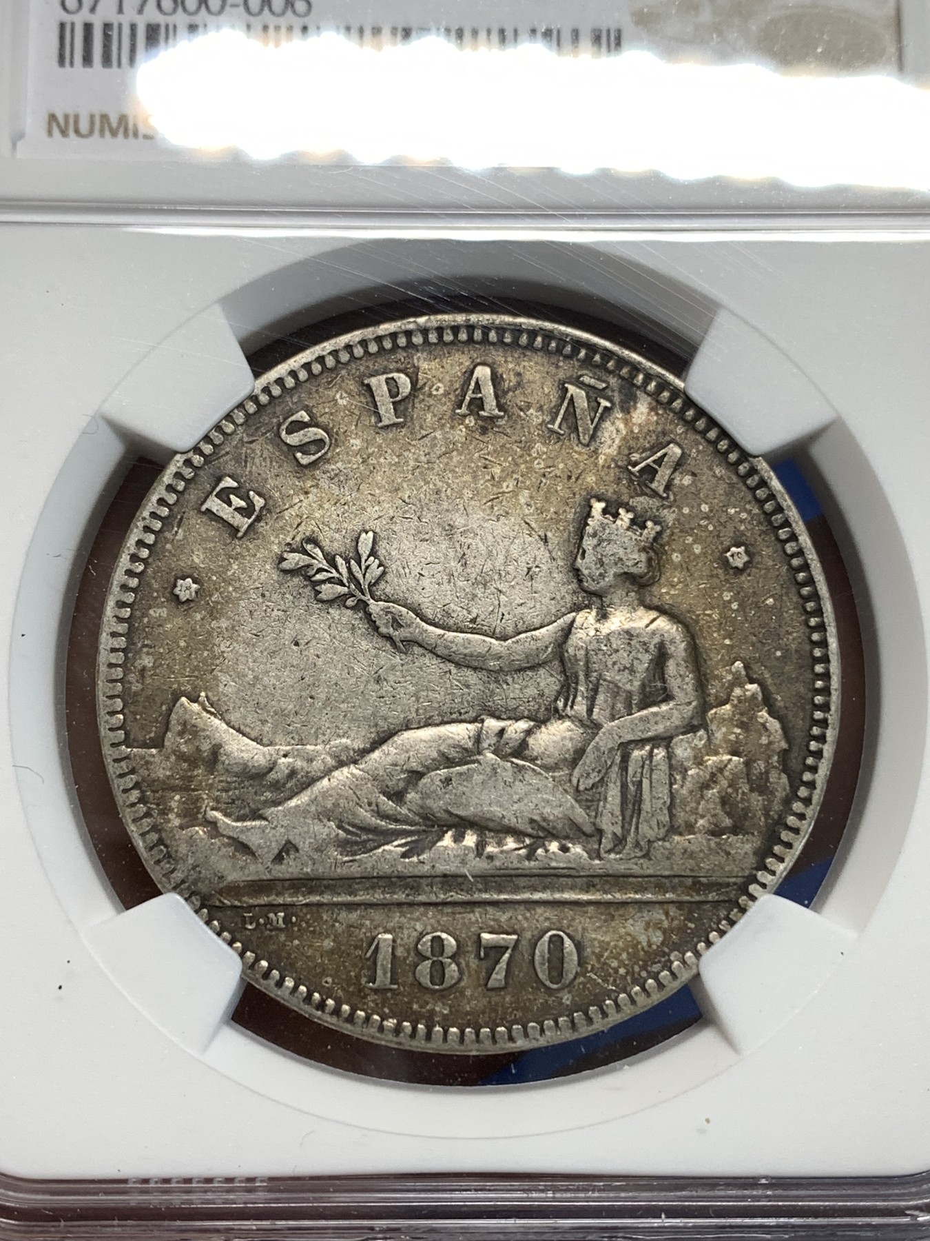 《竞宝斋》第219场-周日，周一 2场 (全场包邮) NGC VF35 西班牙1870年拿花5比塞塔大银币