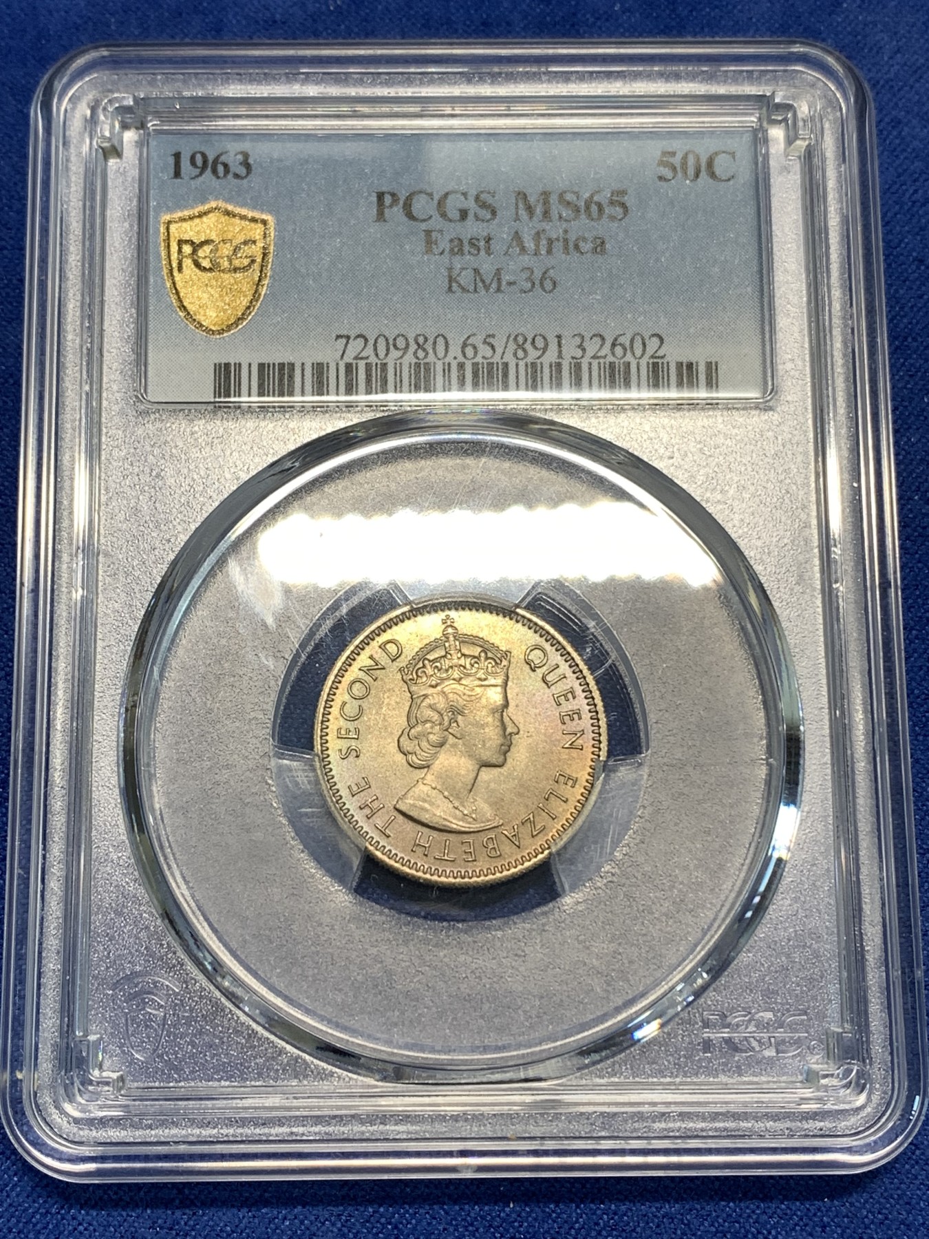 《竞宝斋》第219场-周日，周一 2场 (全场包邮) PCGS金盾 MS65 英属东非非洲狮1963年50分镍币