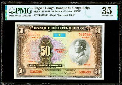 【Blue Auction】✨世界纸币精拍第398期【精】 -  【实钞 大名誉品 仅2张更高分 无47】比属刚果 1951年50法郎 ABNC出品 经典丛林豹 PMG35 雕刻非常精美 值得收藏 