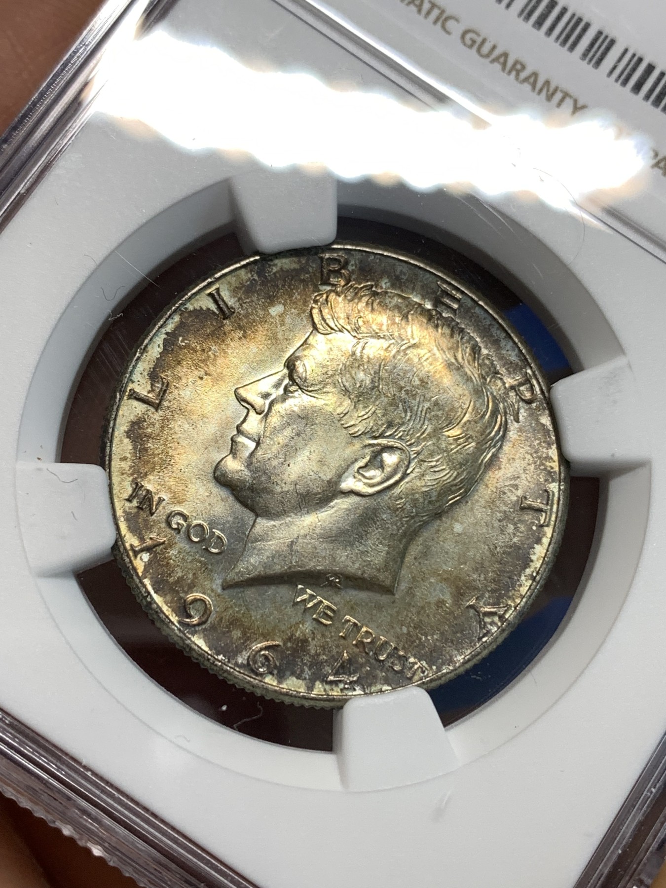 《竞宝斋》第219场-周日，周一 2场 (全场包邮) NGC-MS63 美国1964年肯尼迪半美元首年份900银，双面包浆，给分不易