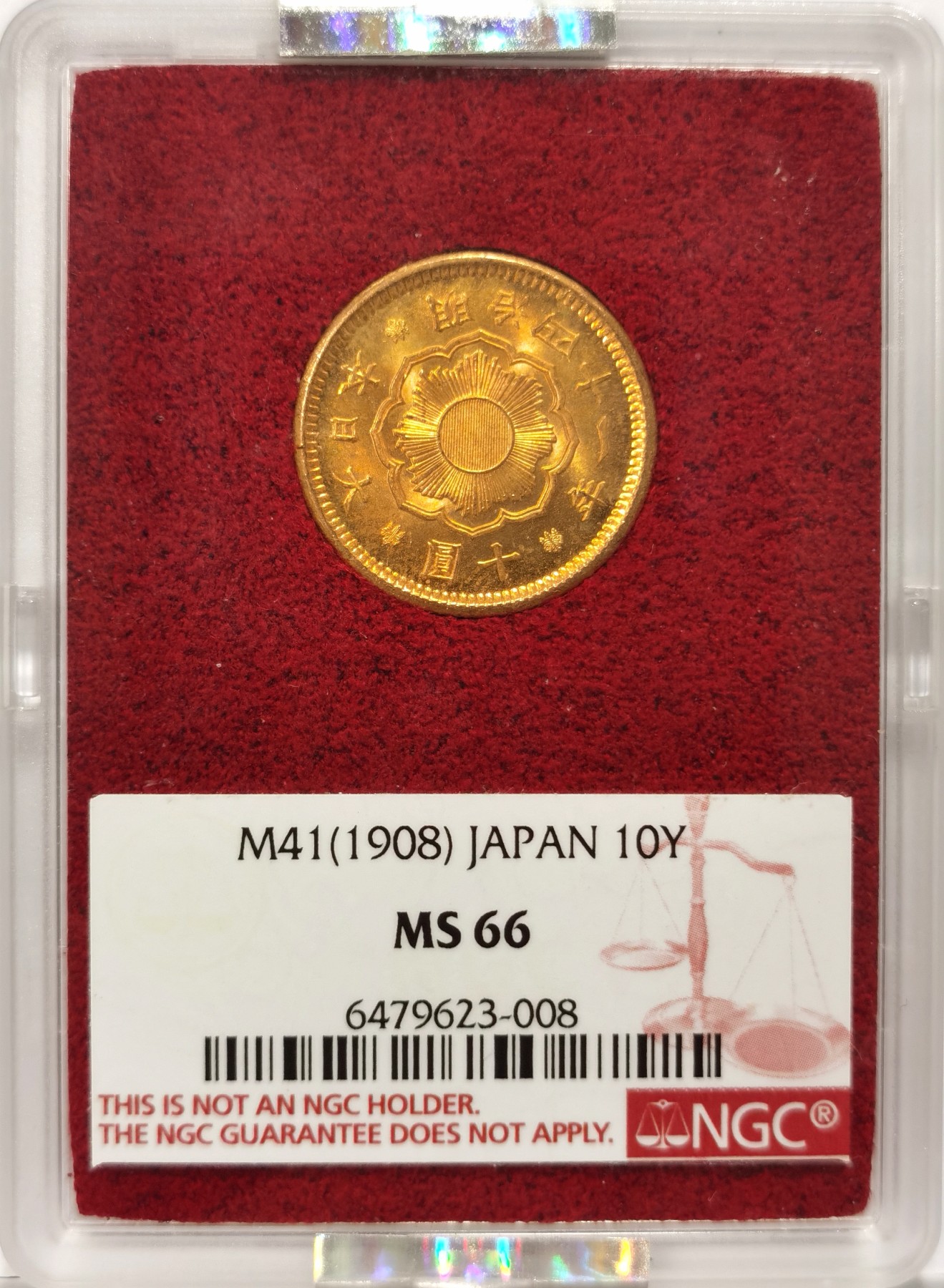 博洋堂【北京钱博会拍卖周】精品专场暨第54期（全场包邮） NGC MS66 日本明治四十一年金拾元。NGC亚军分数，日本财政部放出之国库黄金储备原物。财政部原盒加持。同分17枚，更高分仅2枚高半分。日本金币高分最近涨势极其凶猛，极受藏家青睐。2023年11月18日结束的日本银座拍卖，一枚同年分66+者成交价含佣金955300日元，折合成人民币近48000元！此枚仅低半分值得各位藏家重点关注！