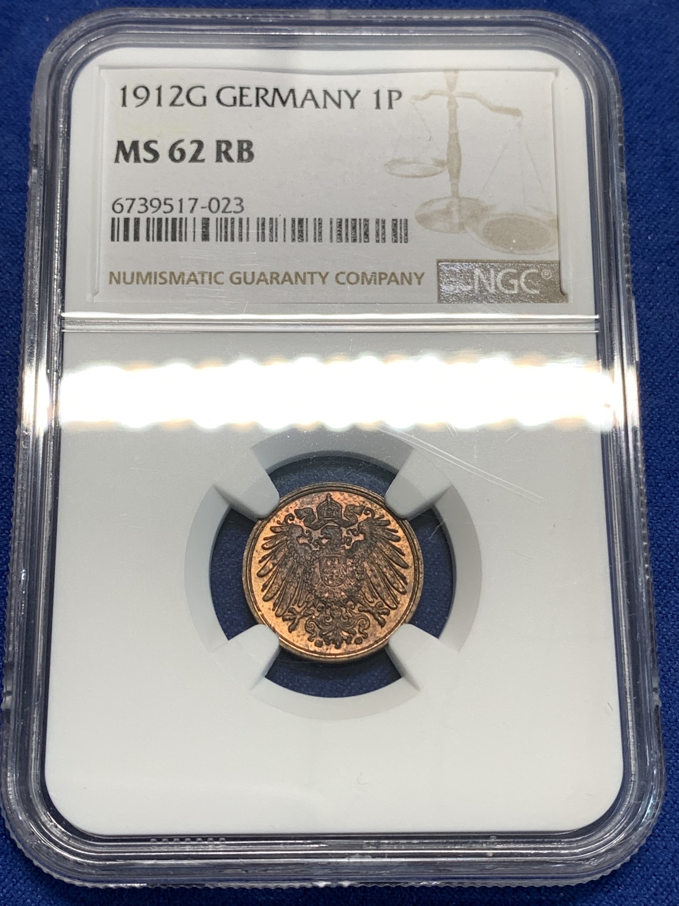 《竞宝斋》第219场-周日，周一 2场 (全场包邮) NGC-MS62 德国1912年德意志第二帝国G版1芬尼铜币