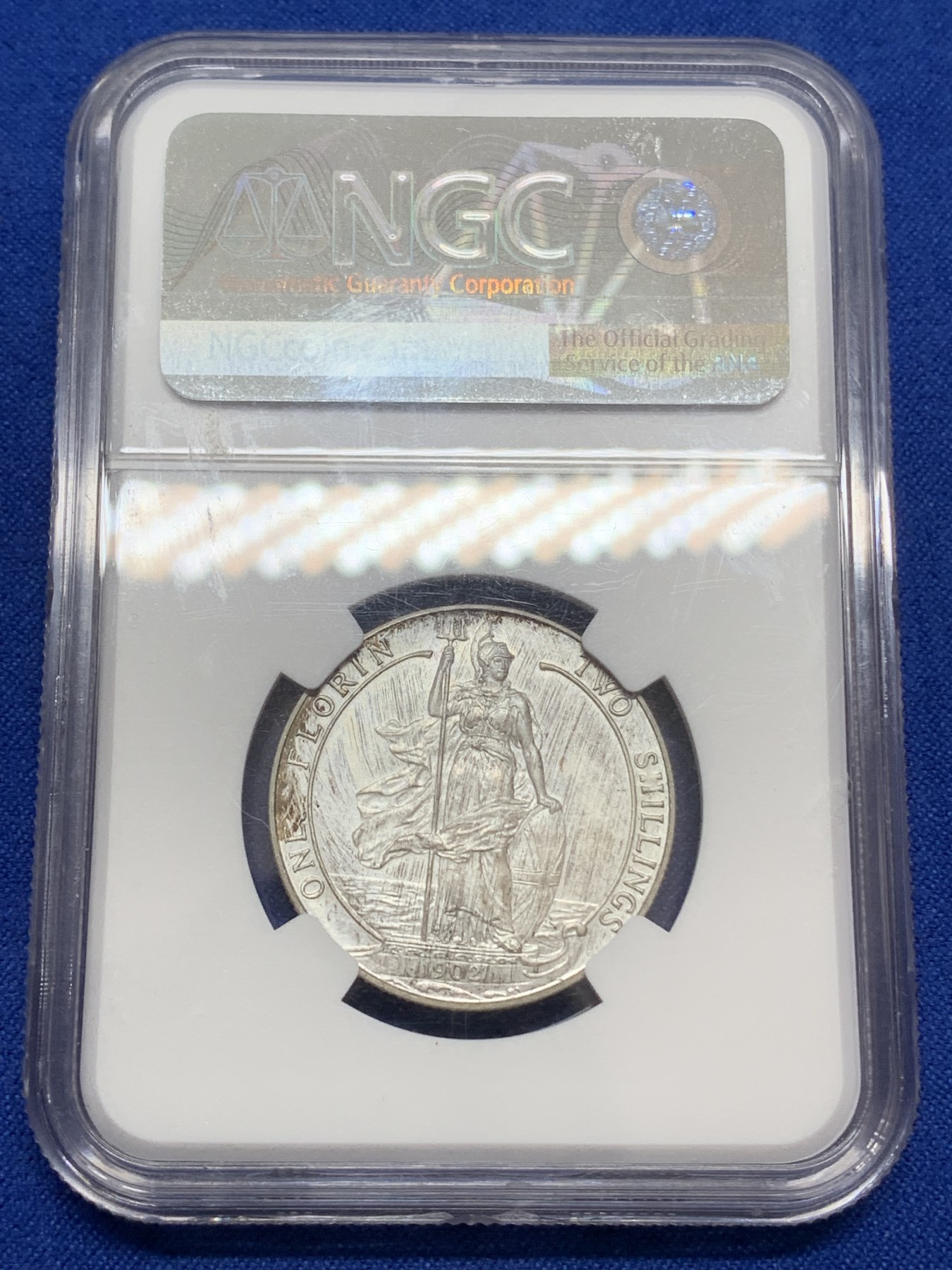 《竞宝斋》第219场-周日，周一 2场 (全场包邮) NGC-PF63MATTE 英国1902爱七精致海神弗洛林2先令银币 经典设计磨砂工艺热门品种名家收藏 下沿小磕
