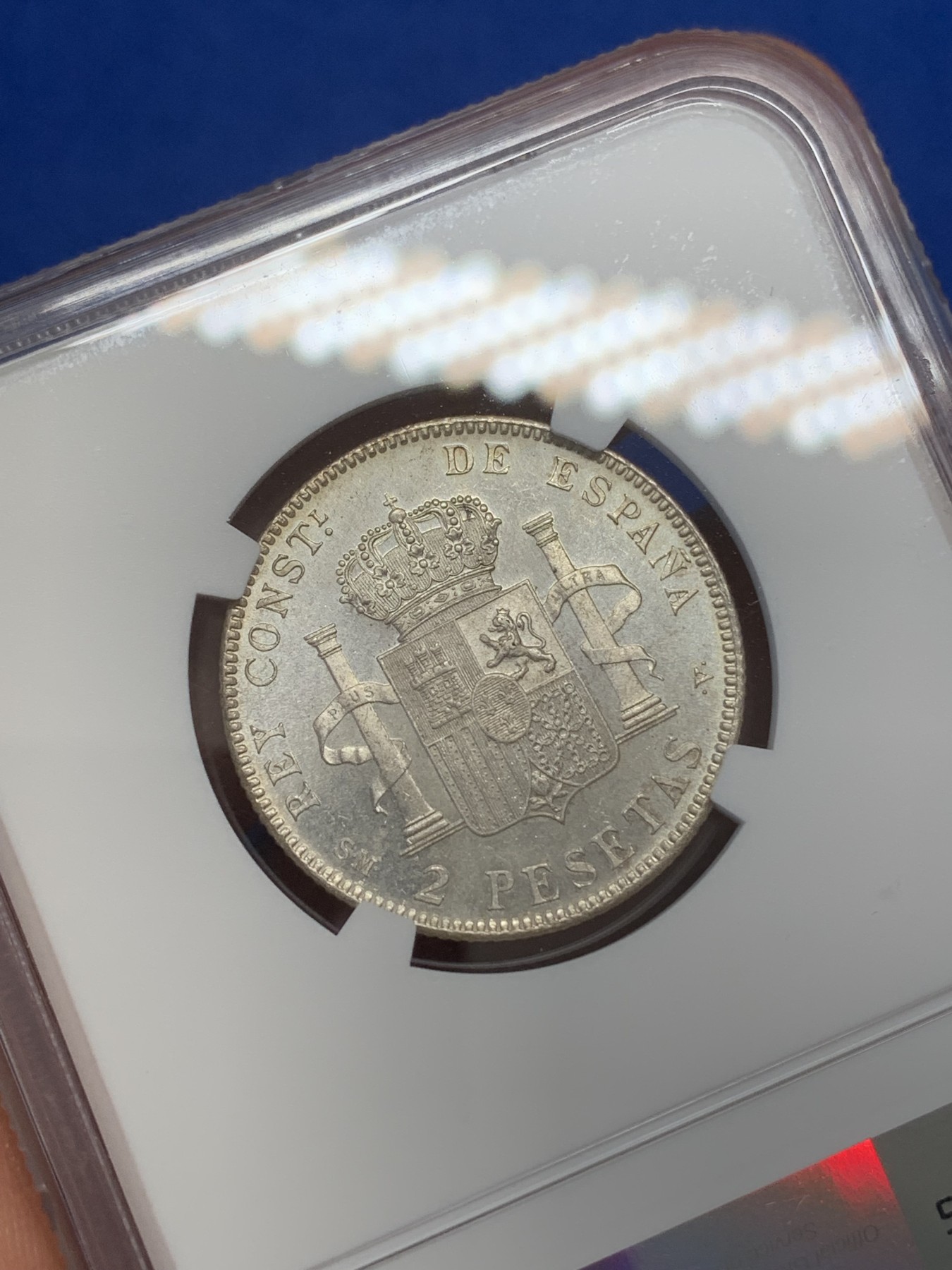 《竞宝斋》第219场-周日，周一 2场 (全场包邮) NGC-MS61 西班牙1905阿方索十三世2比塞塔银币