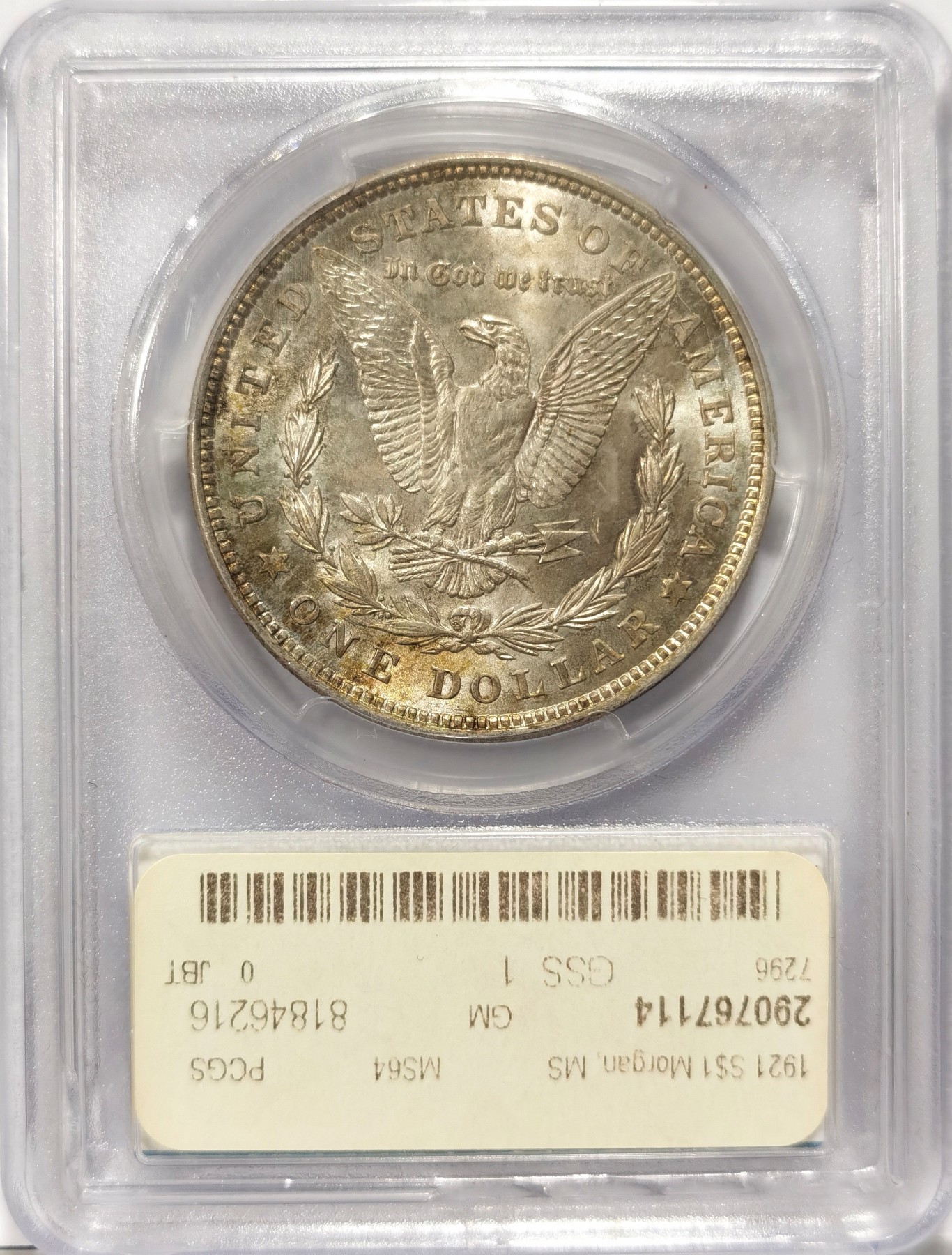 博洋堂【北京钱博会拍卖周】精品专场暨第54期（全场包邮） PCGS MS64 1921年美国摩根银币。非常漂亮的均匀五彩包浆，视觉效果极佳