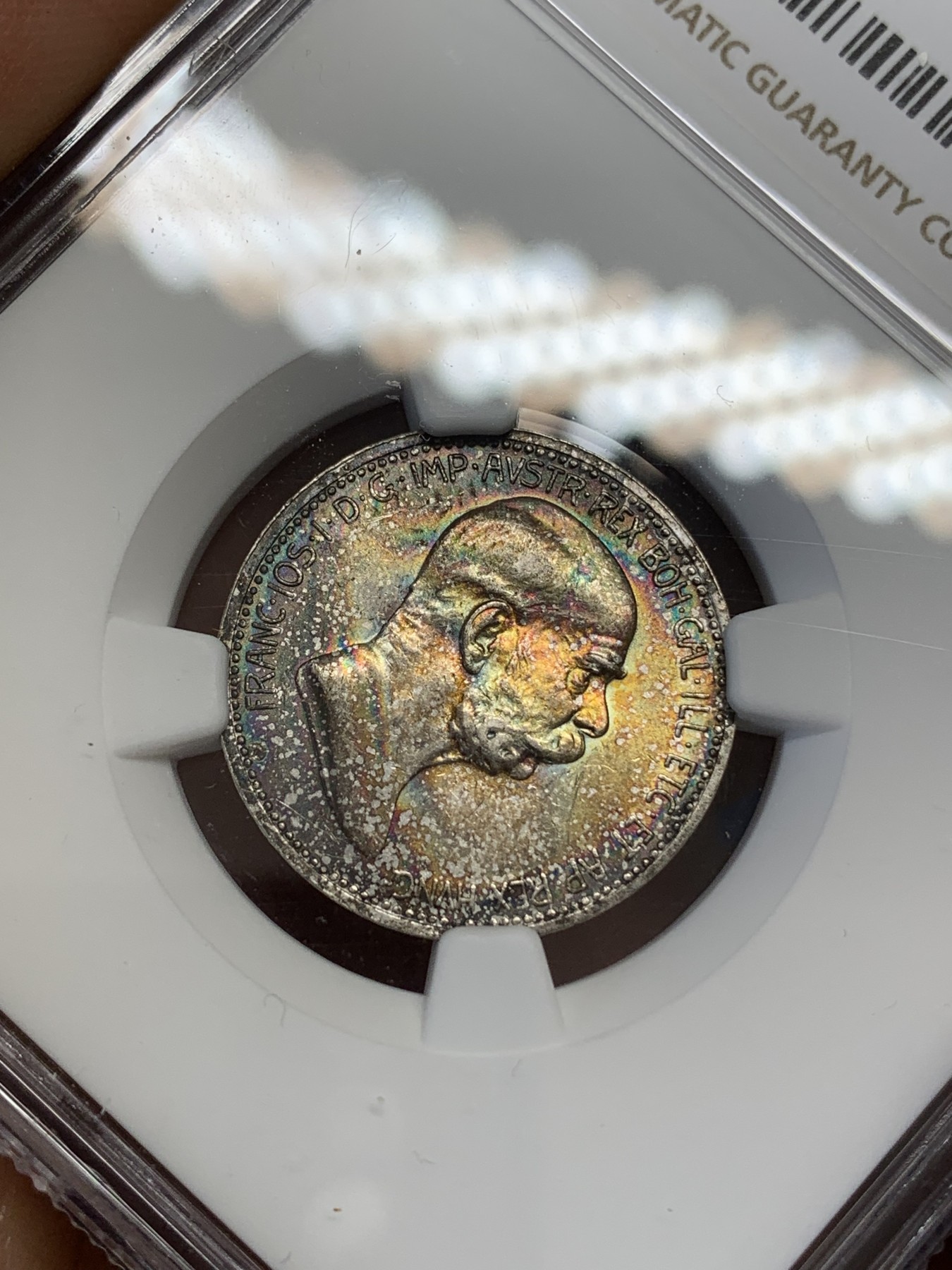 《竞宝斋》第219场-周日，周一 2场 (全场包邮) NGC-MS62 奥地利1908年1克朗，纪念弗朗茨约瑟夫皇帝登基60周年纪念币，双面五彩包浆