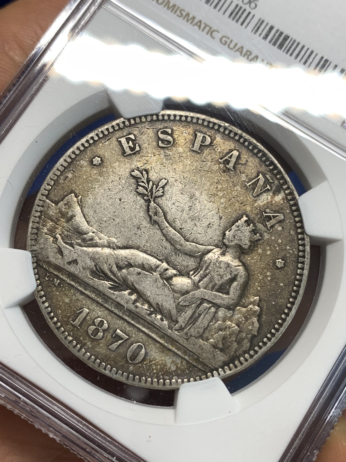 《竞宝斋》第219场-周日，周一 2场 (全场包邮) NGC VF35 西班牙1870年拿花5比塞塔大银币
