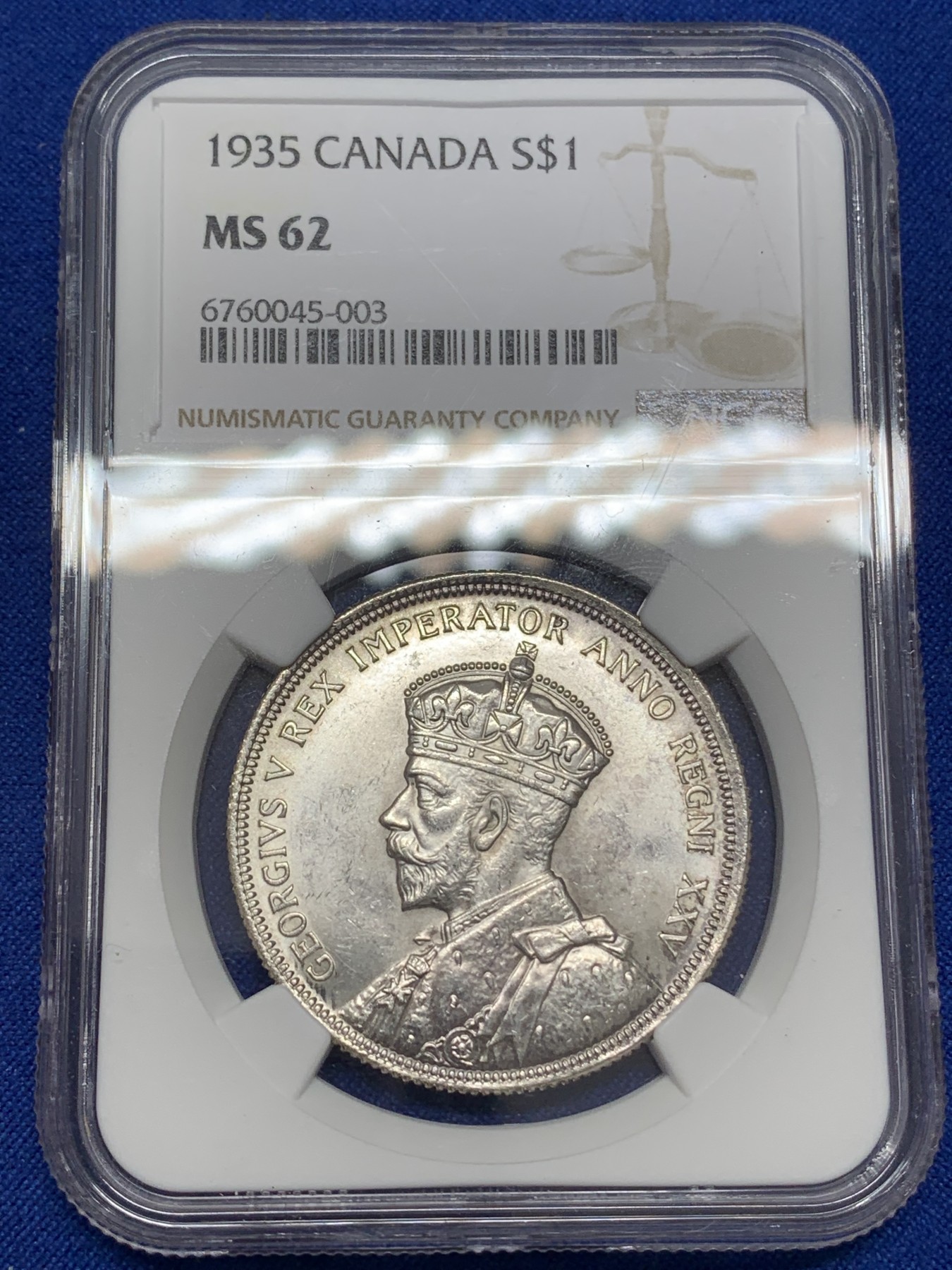 《竞宝斋》第219场-周日，周一 2场 (全场包邮) NGC-MS62 英属加拿大 1935年 乔治五世 划船 一元大银币 早期品种 好品难得