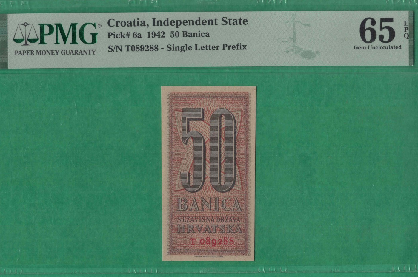 克罗地亚1942年50巴尼卡 P-6a 无3457 尾88 欧洲纸币 实物图 UNC