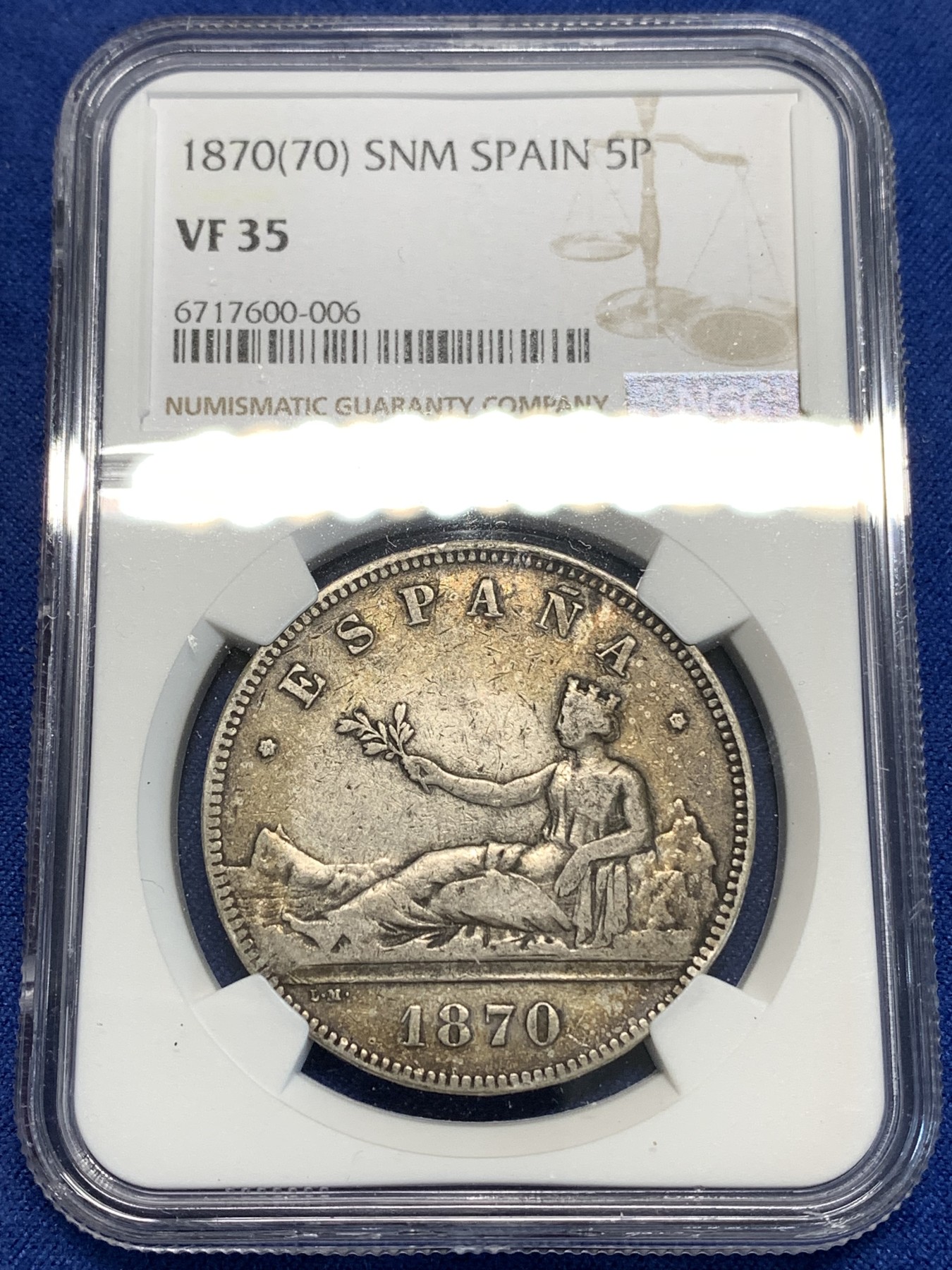 《竞宝斋》第219场-周日，周一 2场 (全场包邮) NGC VF35 西班牙1870年拿花5比塞塔大银币