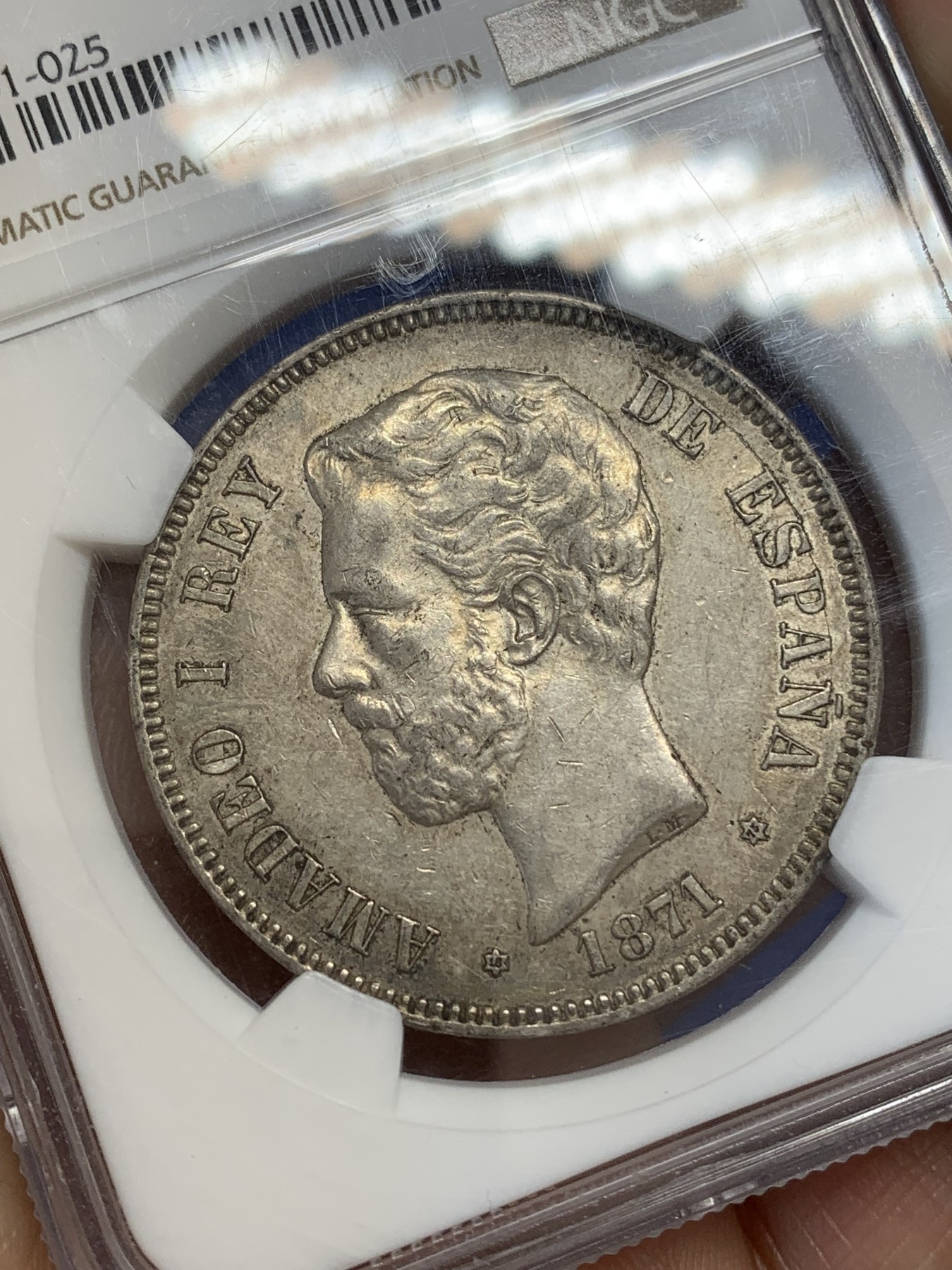 《竞宝斋》第219场-周日，周一 2场 (全场包邮) NGC AU55 西班牙1871年阿玛迪奥一世5比赛塔银币 上au55很不容易