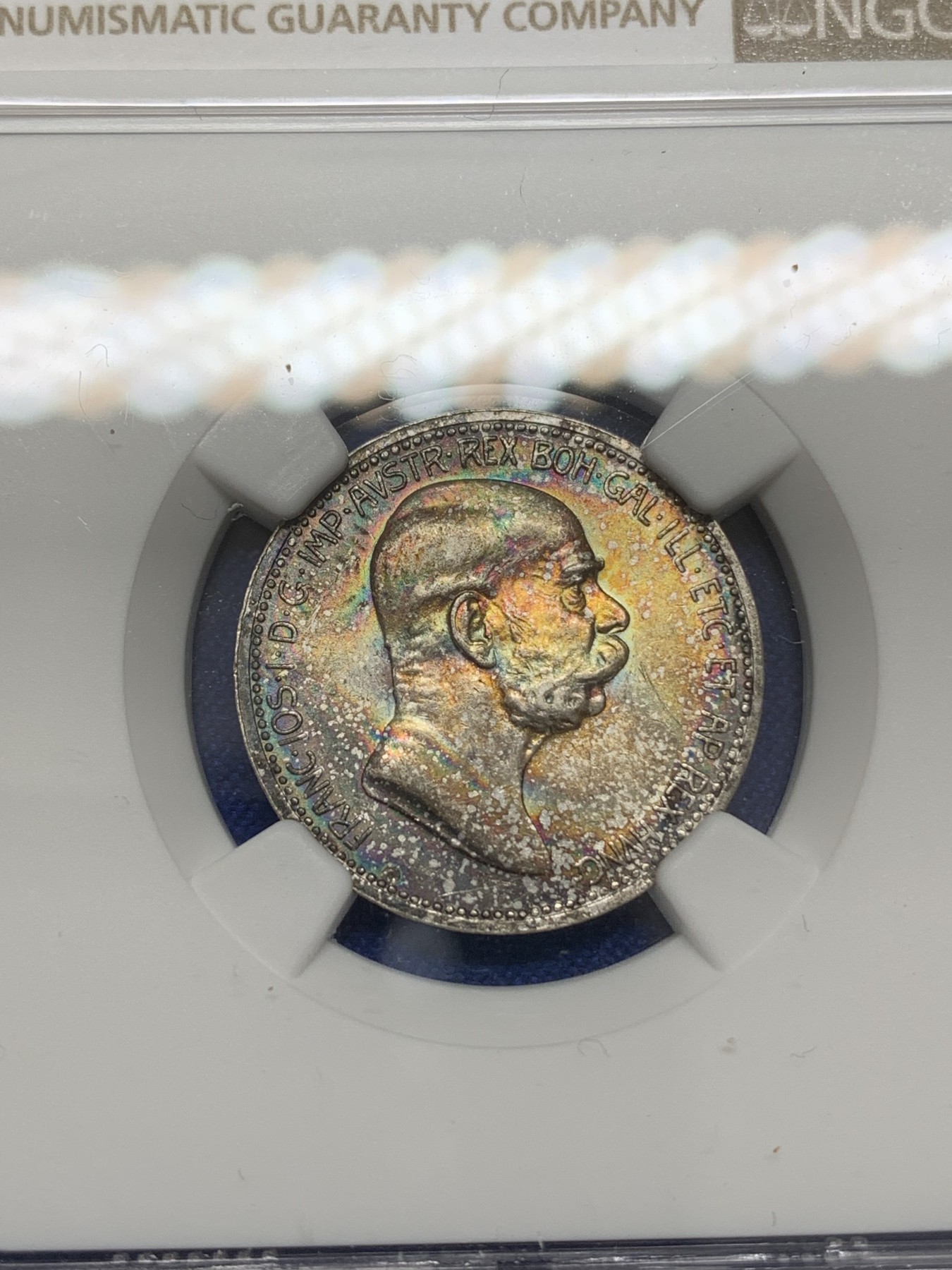 《竞宝斋》第219场-周日，周一 2场 (全场包邮) NGC-MS62 奥地利1908年1克朗，纪念弗朗茨约瑟夫皇帝登基60周年纪念币，双面五彩包浆