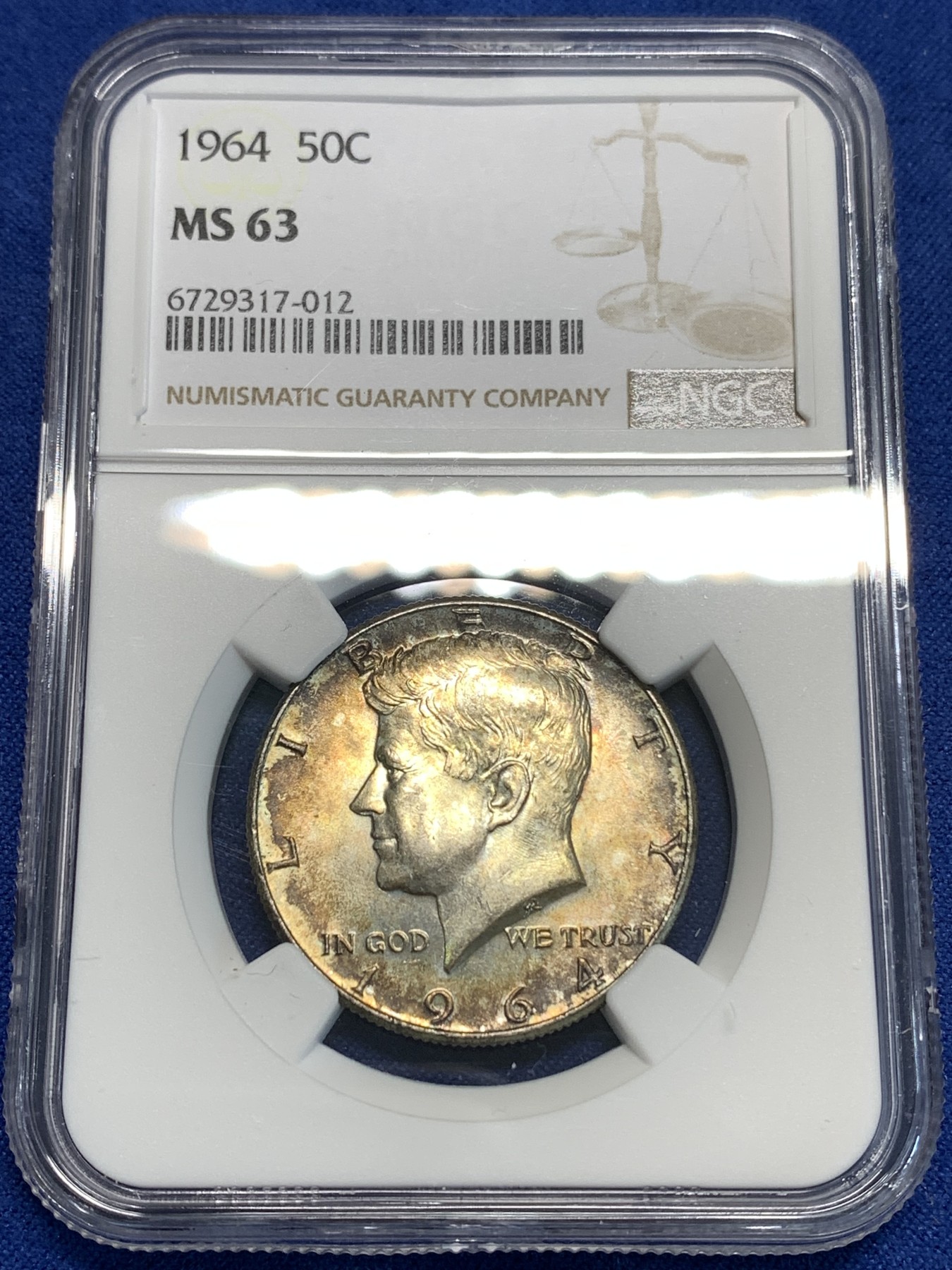 《竞宝斋》第219场-周日，周一 2场 (全场包邮) NGC-MS63 美国1964年肯尼迪半美元首年份900银，双面包浆，给分不易