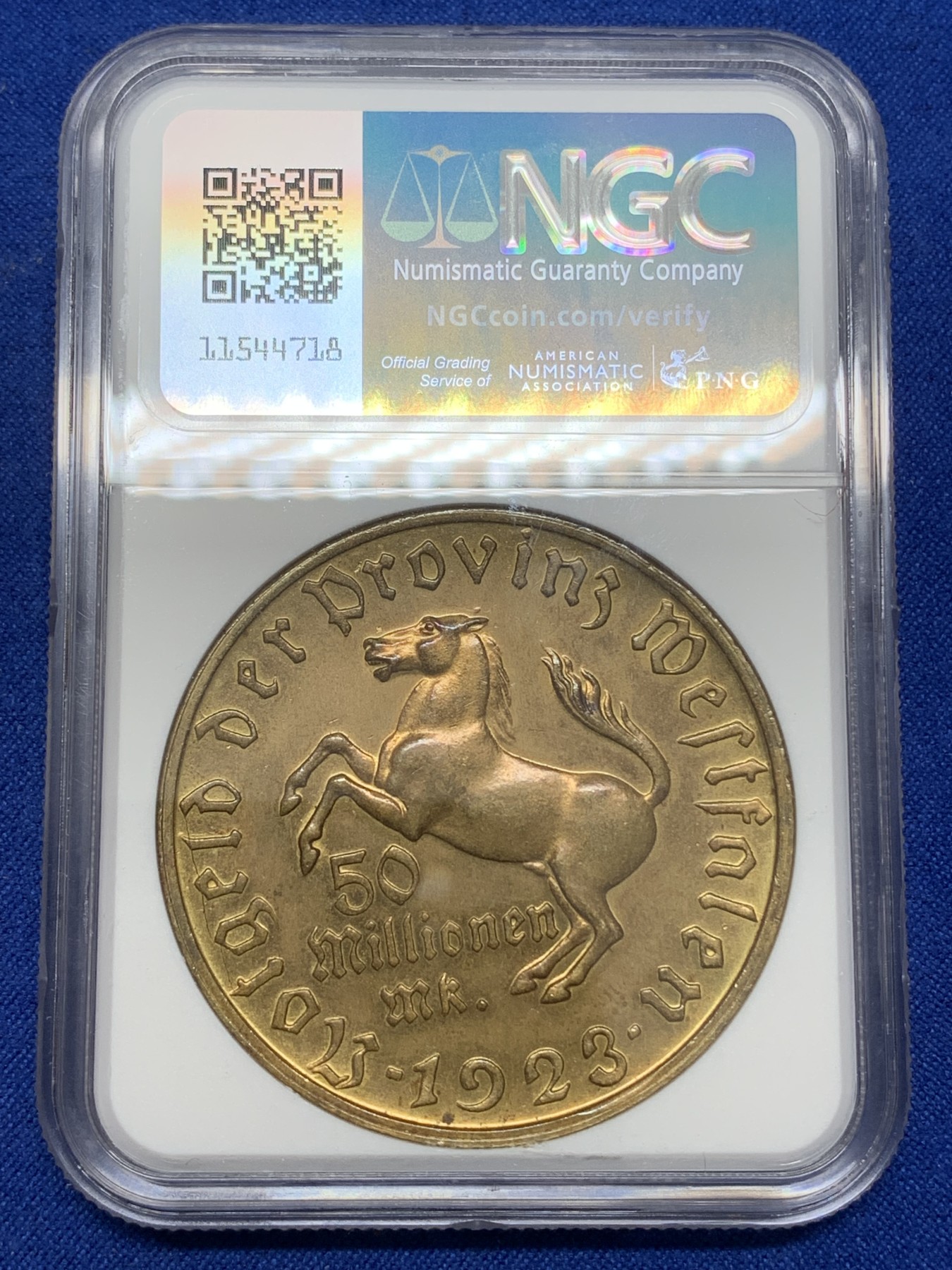 《竞宝斋》第219场-周日，周一 2场 (全场包邮) NGC-MS63 1923年德国紧急状态时期，威斯特伐利亚地区5000万马克，比1万马克发行量少很多