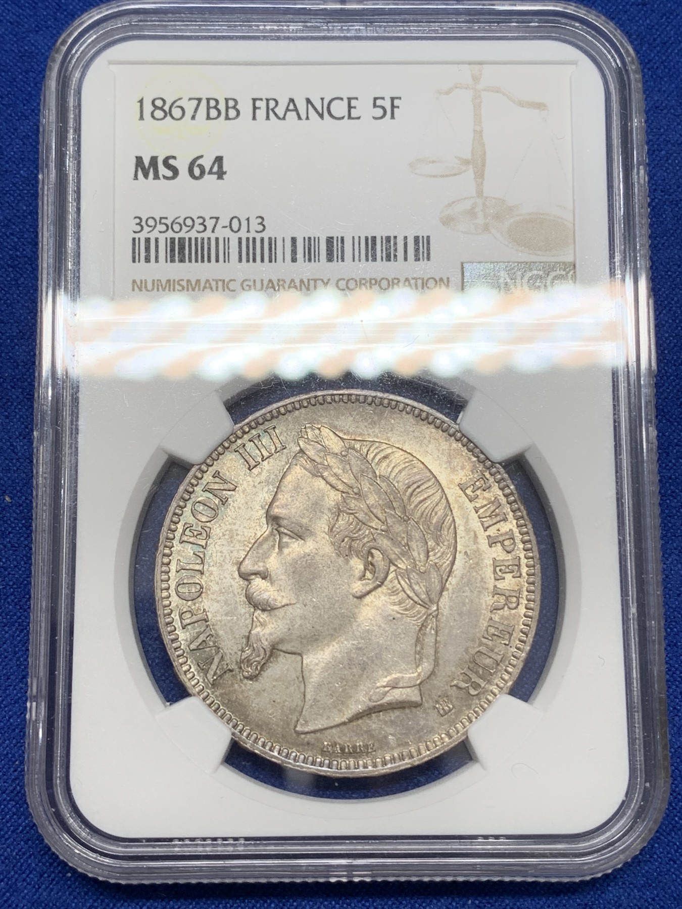 《竞宝斋》第219场-周日，周一 2场 (全场包邮) NGC-MS64 1867BB 拿三5法郎银币 拿三好品MS级高分难觅 法系收藏级选择