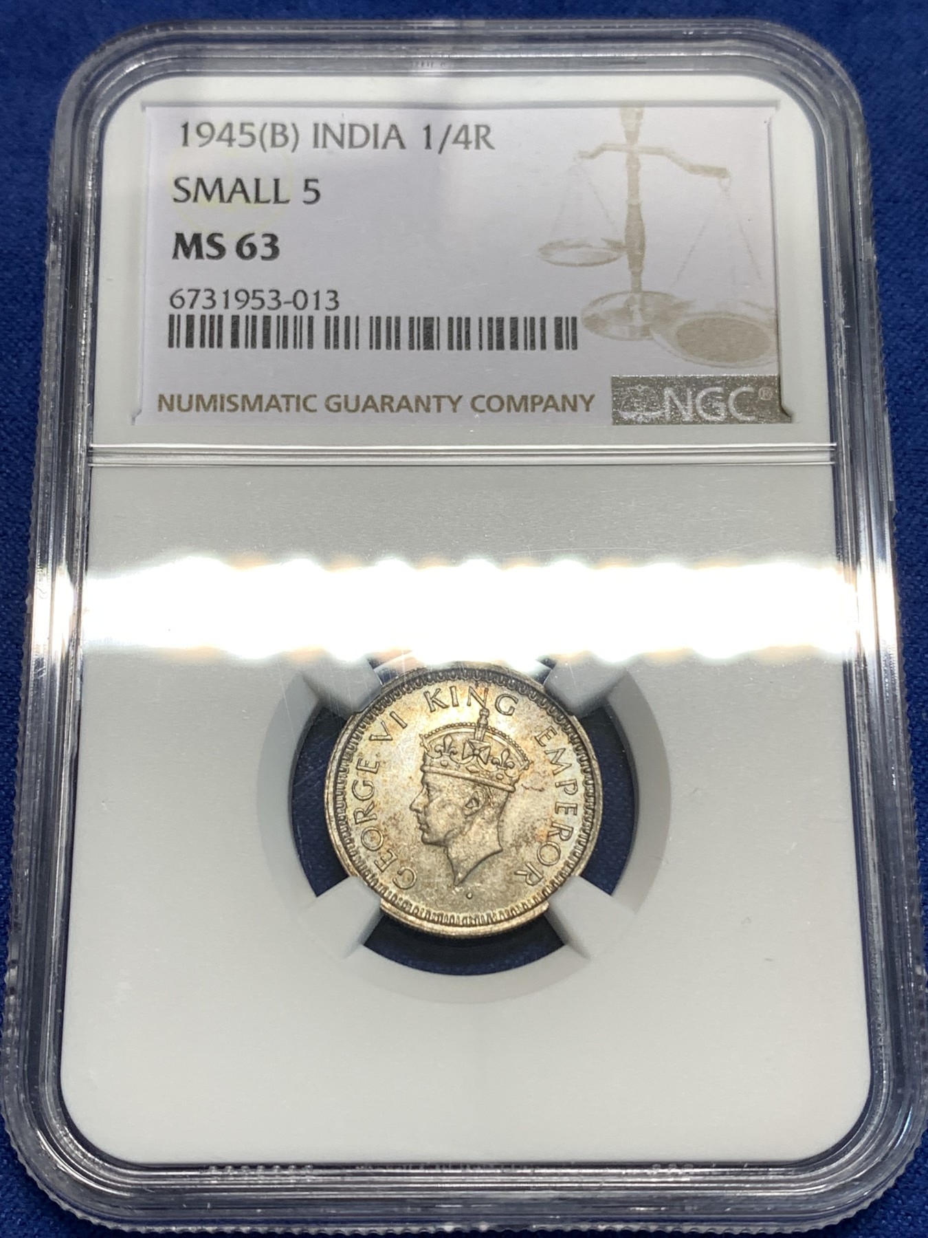 《竞宝斋》第219场-周日，周一 2场 (全场包邮) NGC-MS63 英属印度 乔治六世1/4卢比银币 孟买厂出品小五版本 双面淡五彩包浆