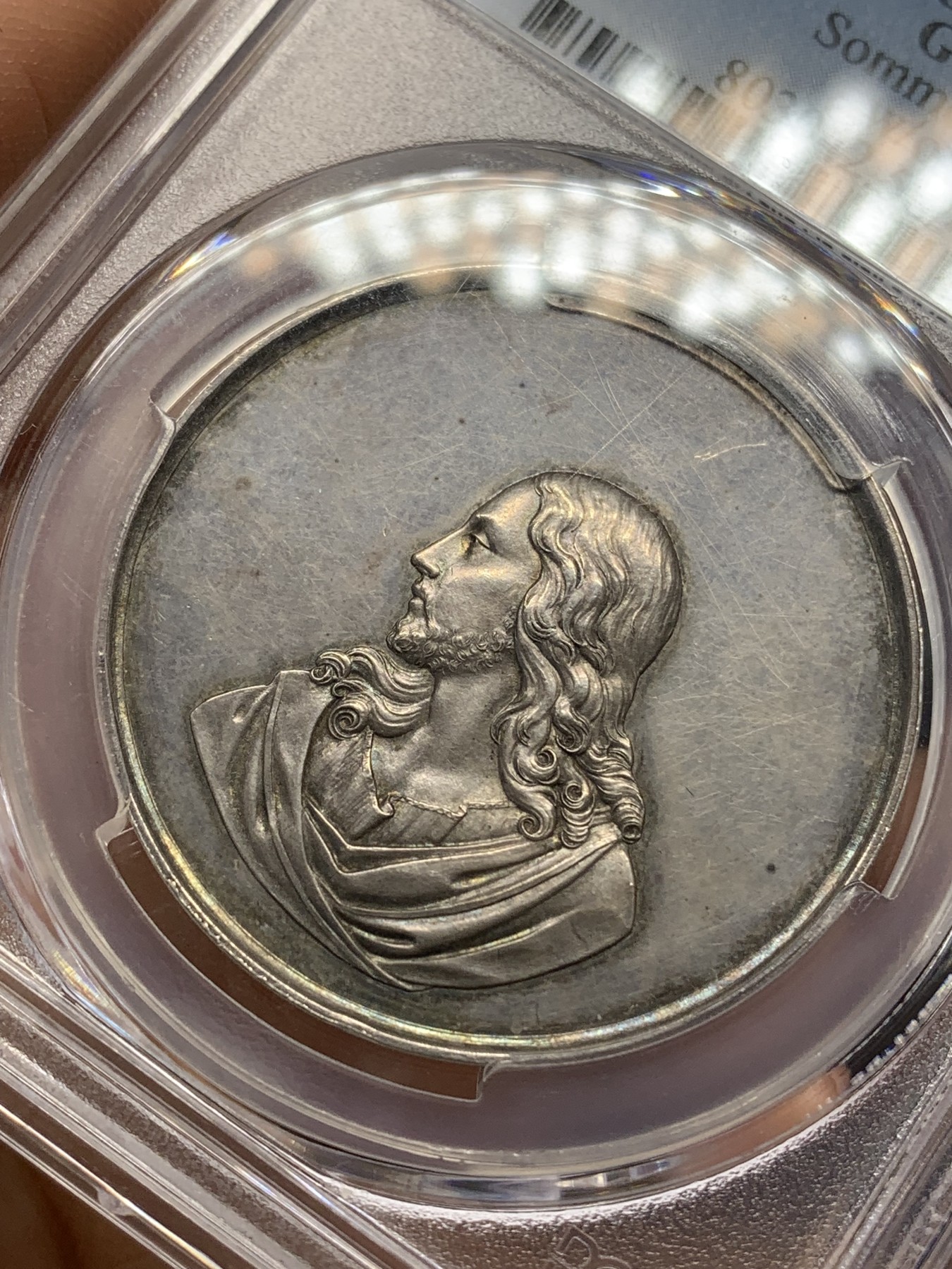 《竞宝斋》第219场-周日，周一 2场 (全场包邮) PCGS SP58 德国loos银章 宗教银章 耶稣 约旦河洗礼 少见品种
