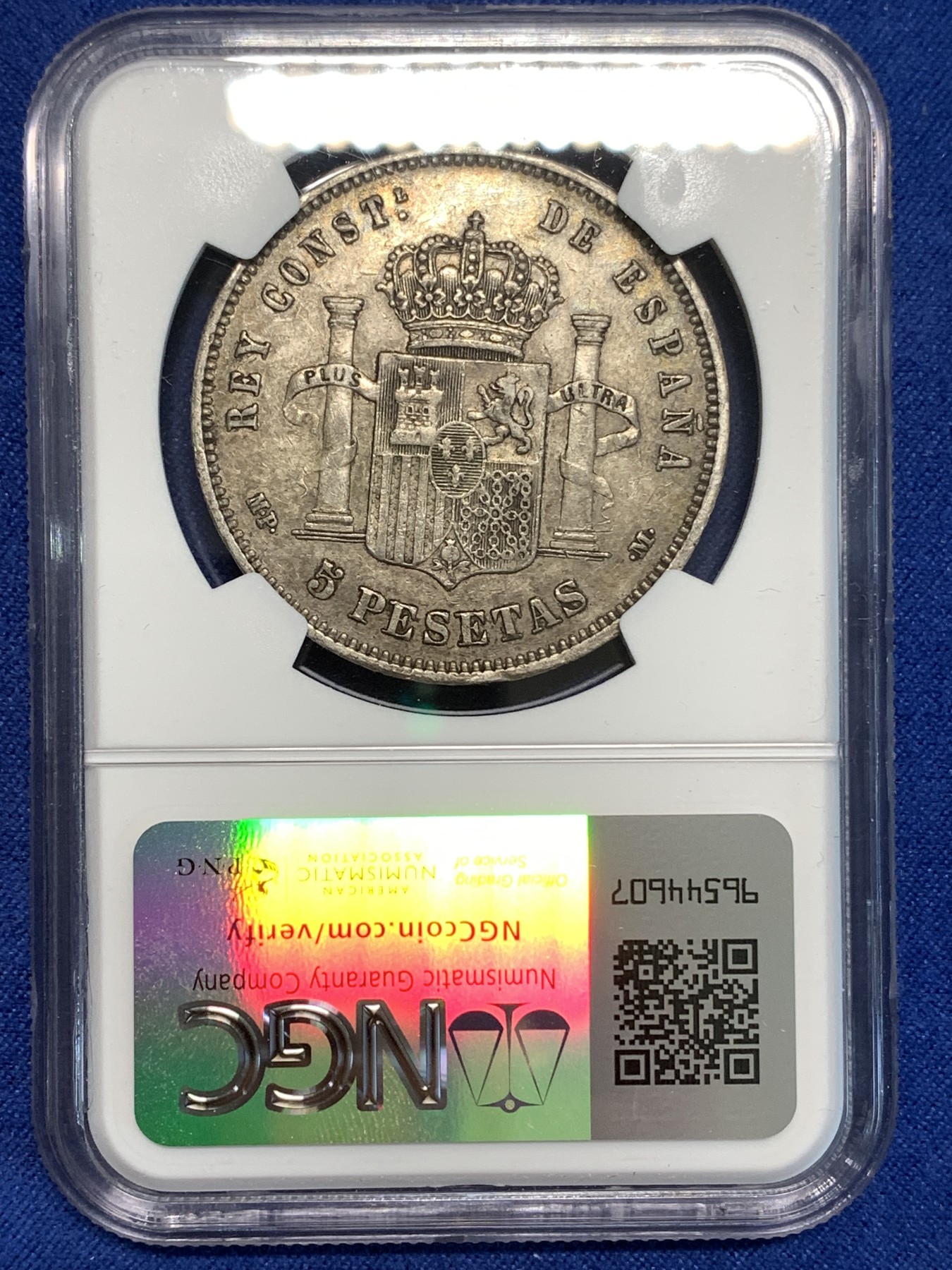 《竞宝斋》第219场-周日，周一 2场 (全场包邮) NGC-XF40 西班牙1888年 阿方索十三世 5比塞塔双柱大银币 吉祥年份