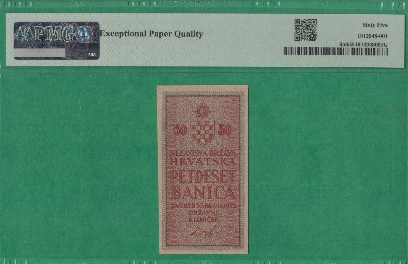 克罗地亚1942年50巴尼卡 P-6a 无3457 尾88 欧洲纸币 实物图 UNC