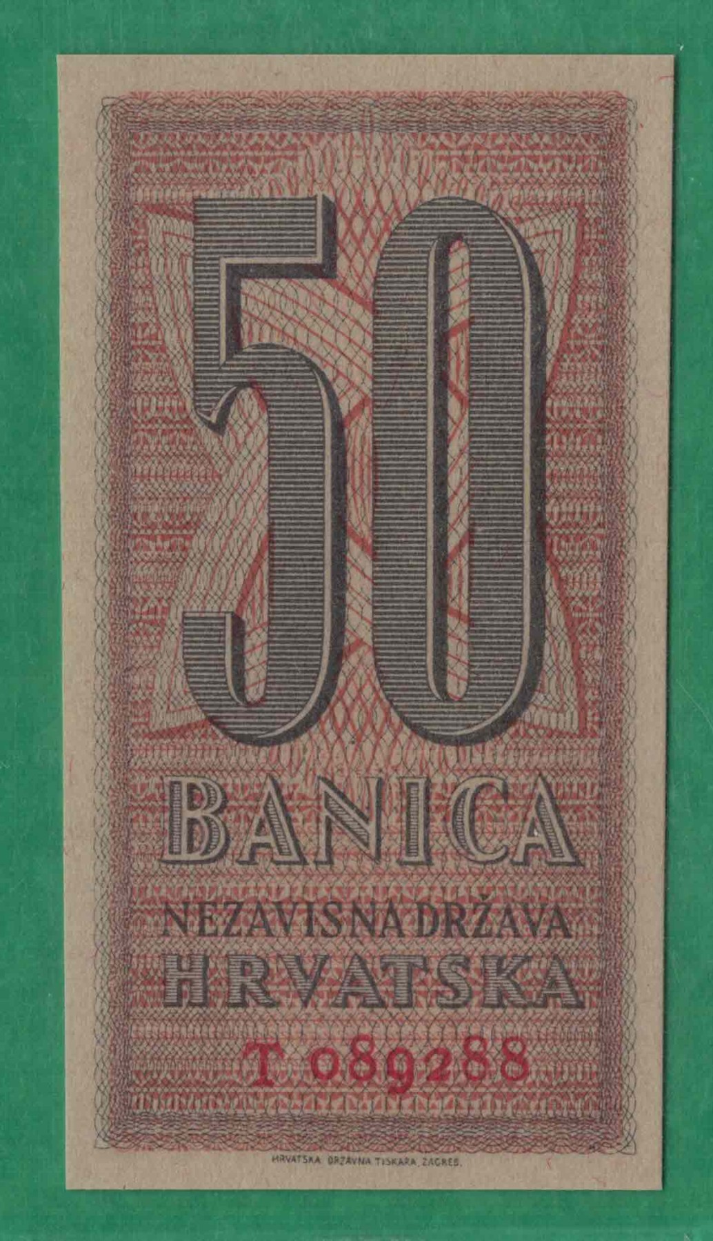 克罗地亚1942年50巴尼卡 P-6a 无3457 尾88 欧洲纸币 实物图 UNC